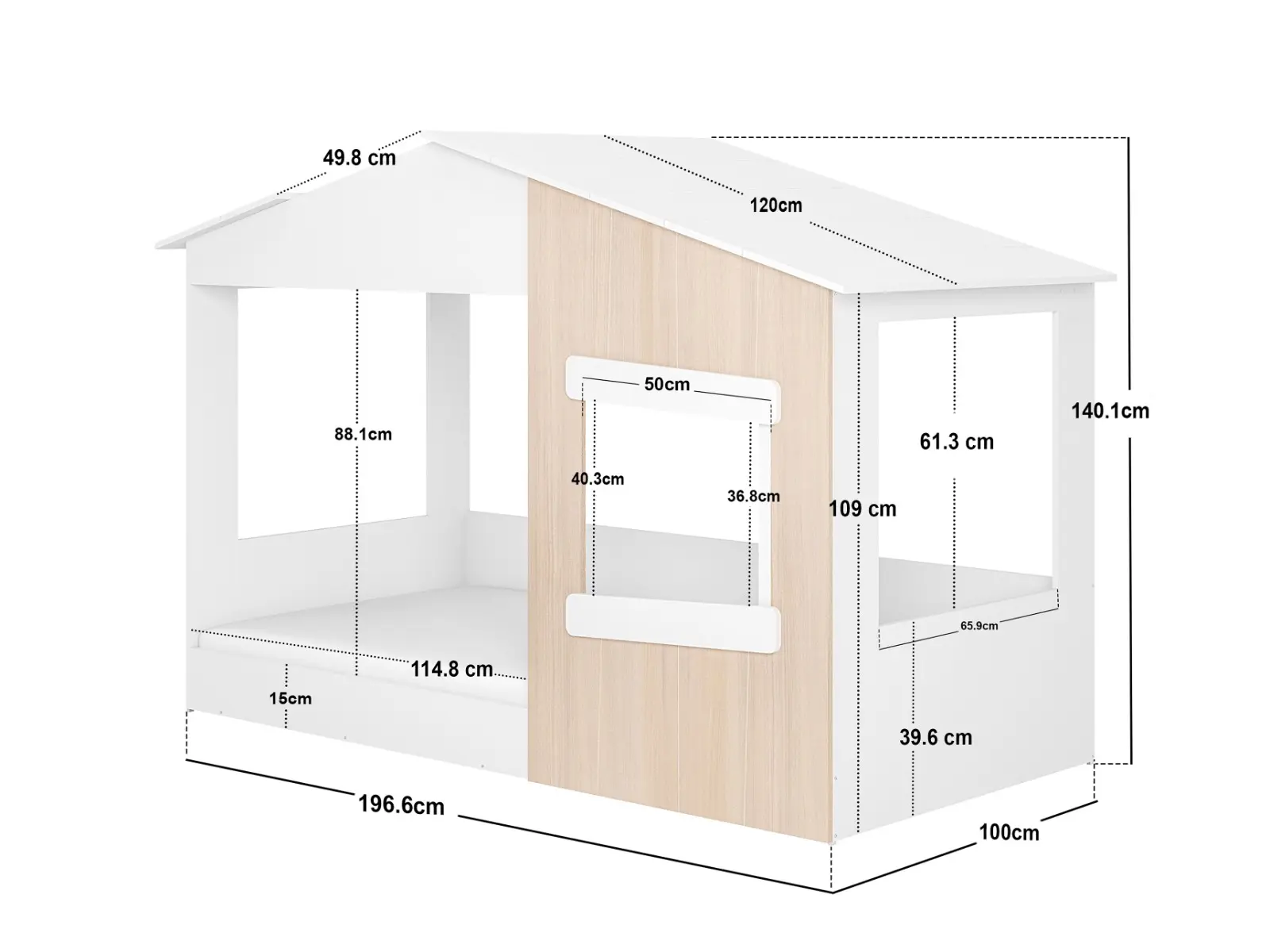 Dimensions diagram for Flair Dreamland Montessori House Floor Bed