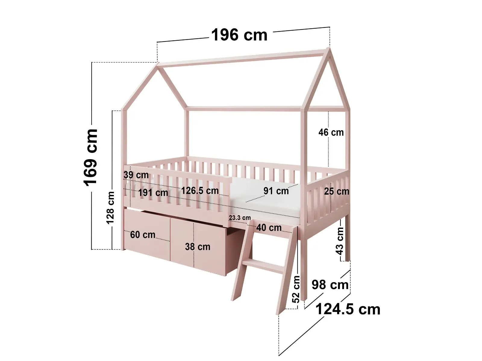 Dimensions diagram for Flair Explorer Single Mid Sleeper Bed with Toy Box Pink