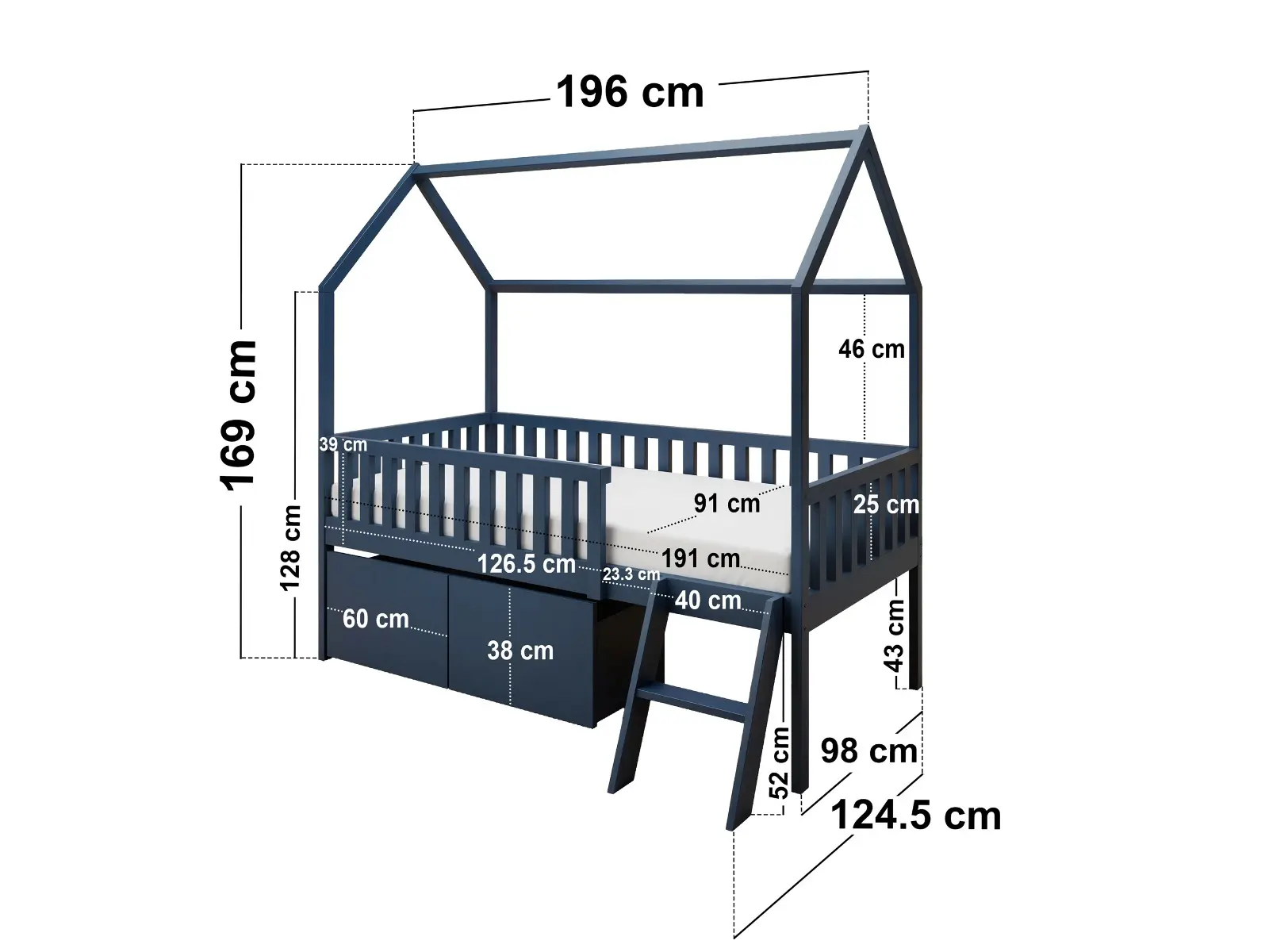Dimensions diagram for Flair Explorer Single Mid Sleeper Bed with Toy Box Navy