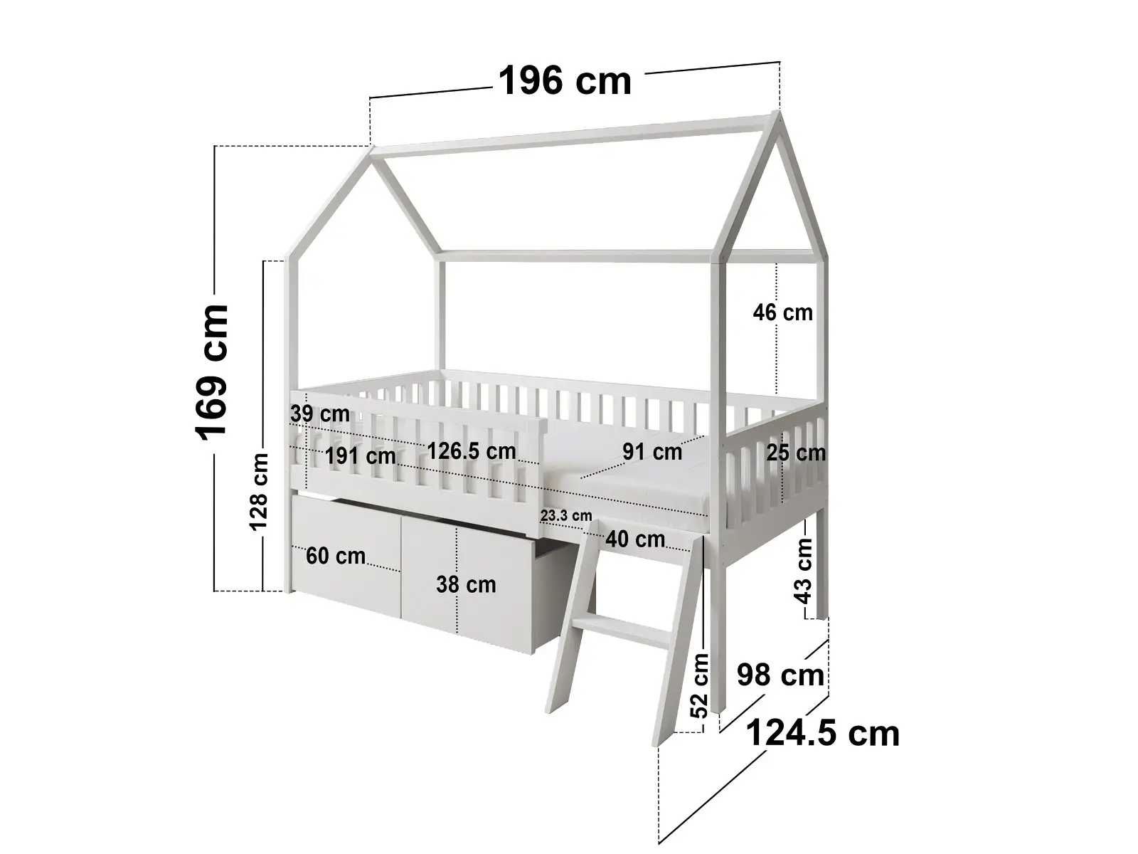 Dimensions diagram for Flair Explorer Single Mid Sleeper Bed with Toy Box White