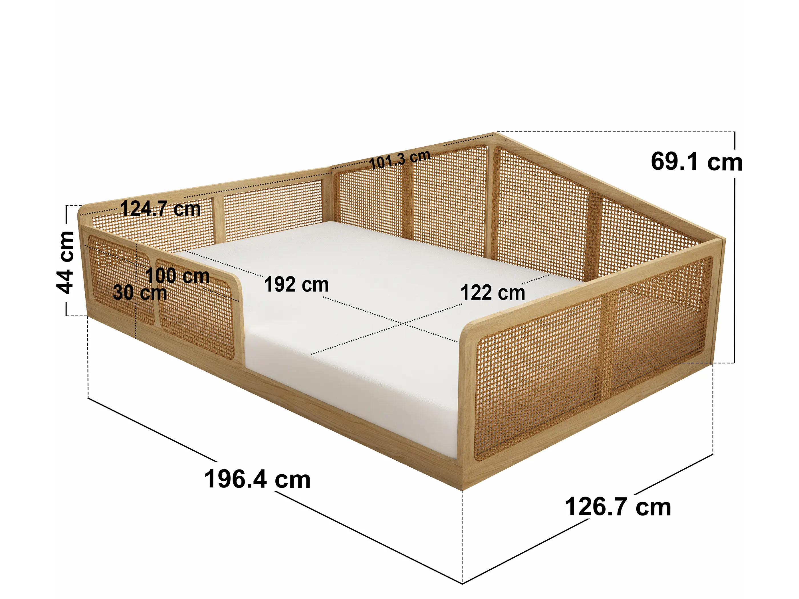 Dimensions diagram for Flair Julian Small Double Montessori Bed with Rattan Panels Natural