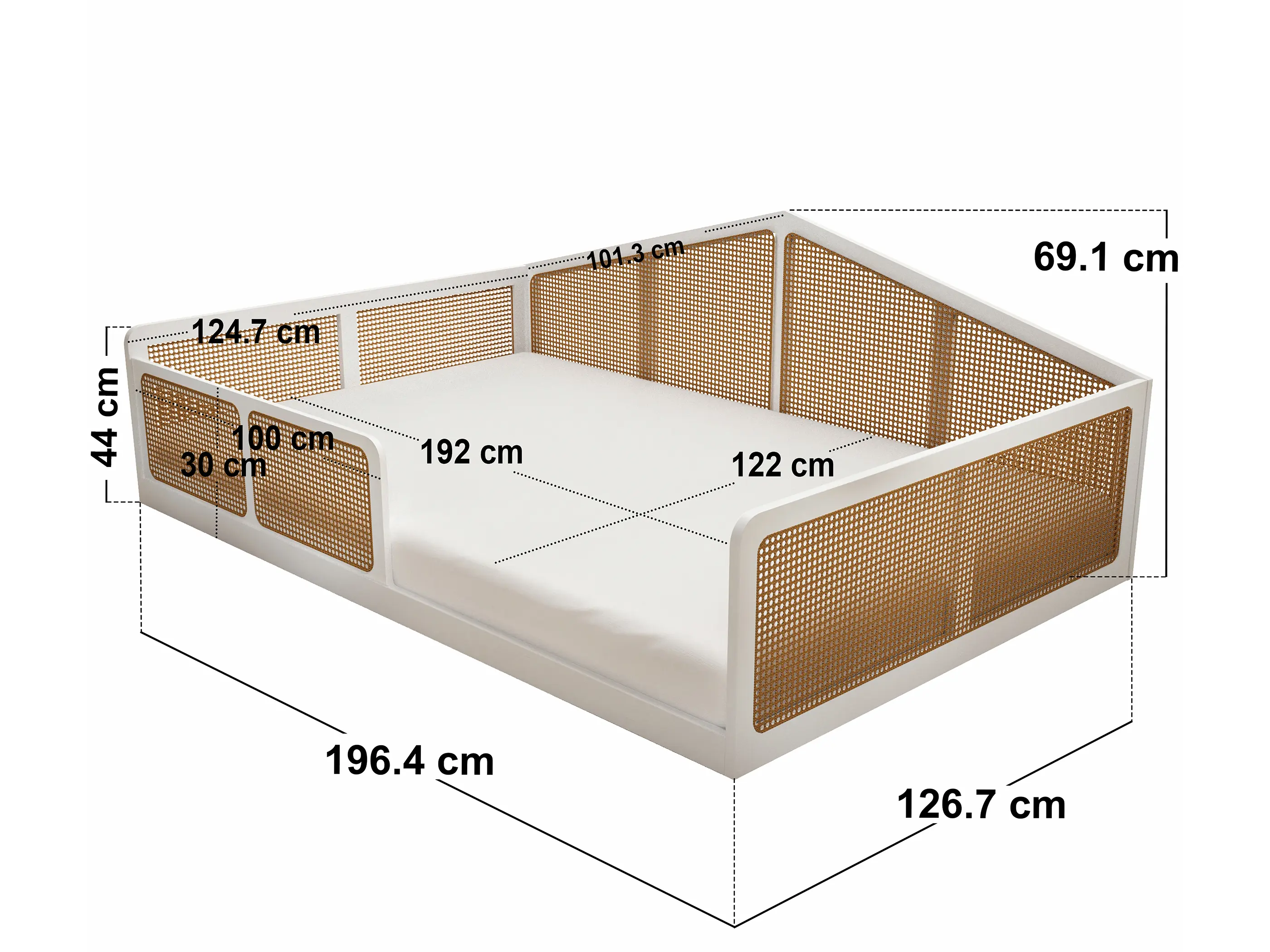 Dimensions diagram for Flair Julian Small Double Montessori Bed with Rattan Panels White