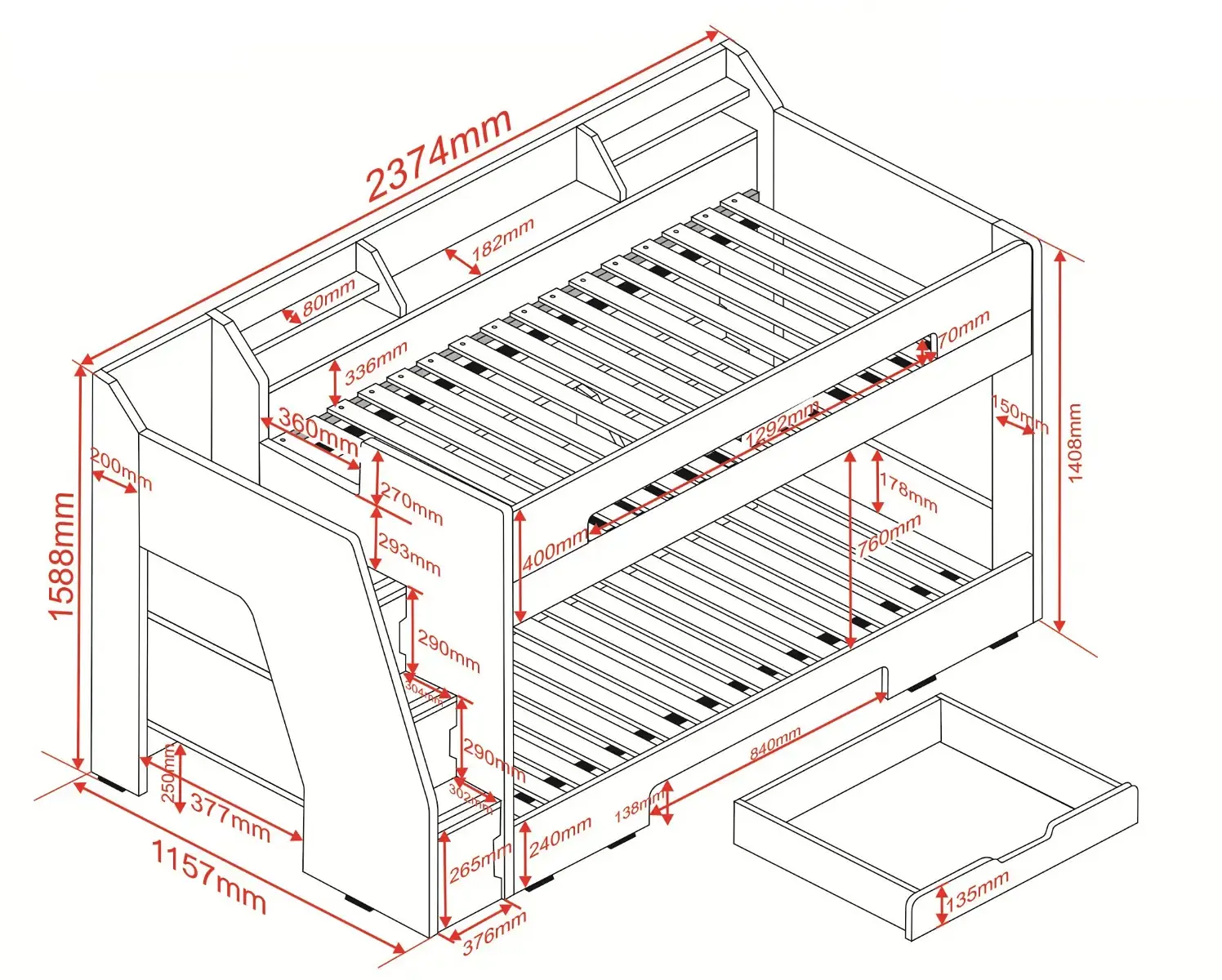 Dimensions diagram for Flair Slick Staircase Bunk Bed with Storage White & Grey