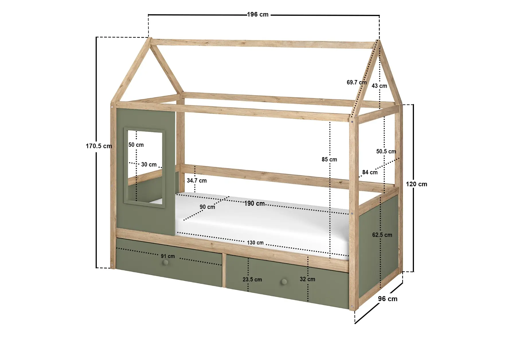 Dimensions diagram for Flair Ted Playhouse Wooden Bed with Storage