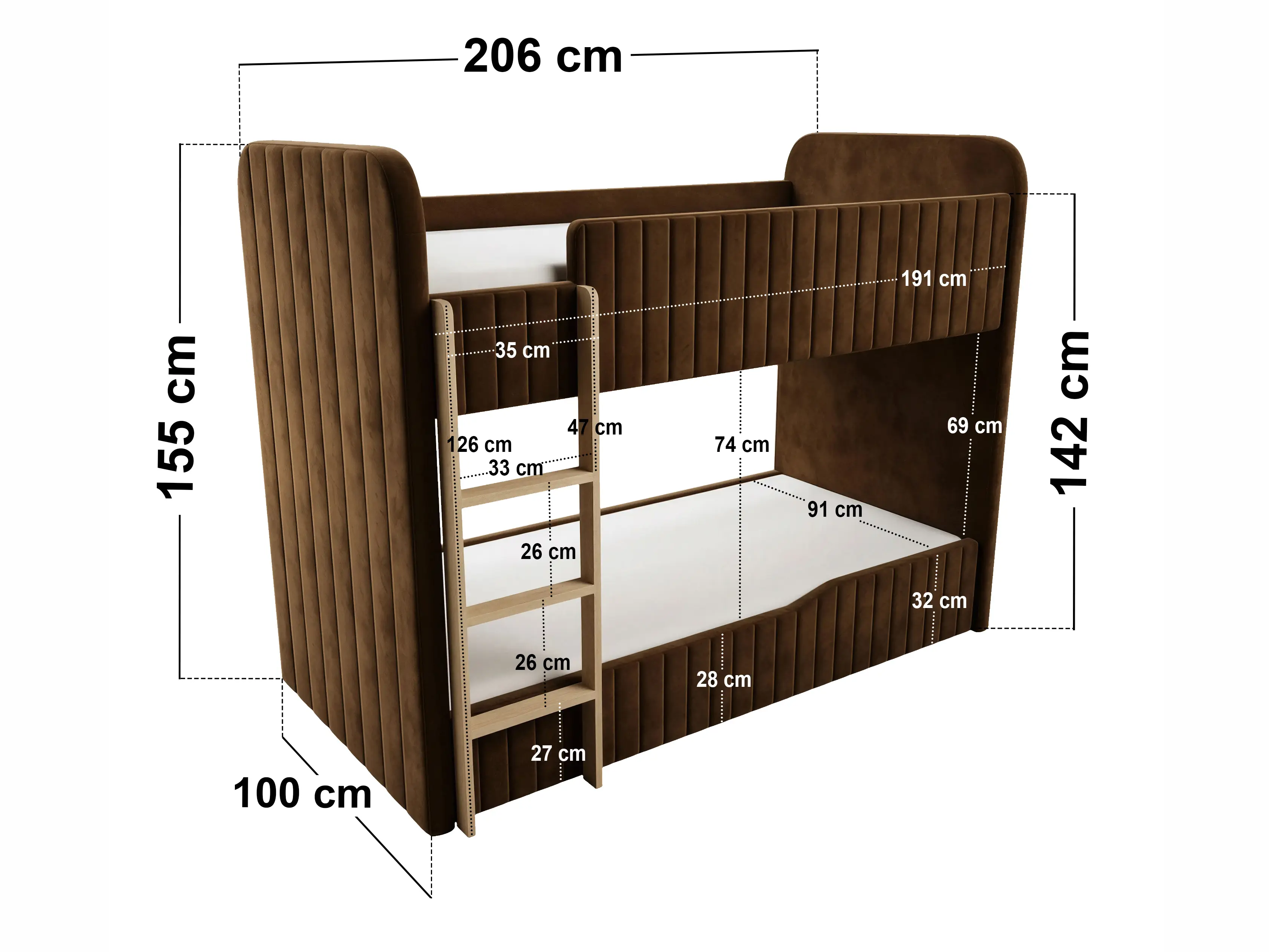 Dimensions diagram for Flair Venna Single Upholstered Bunk Bed with Wooden Ladder Brown Velvet