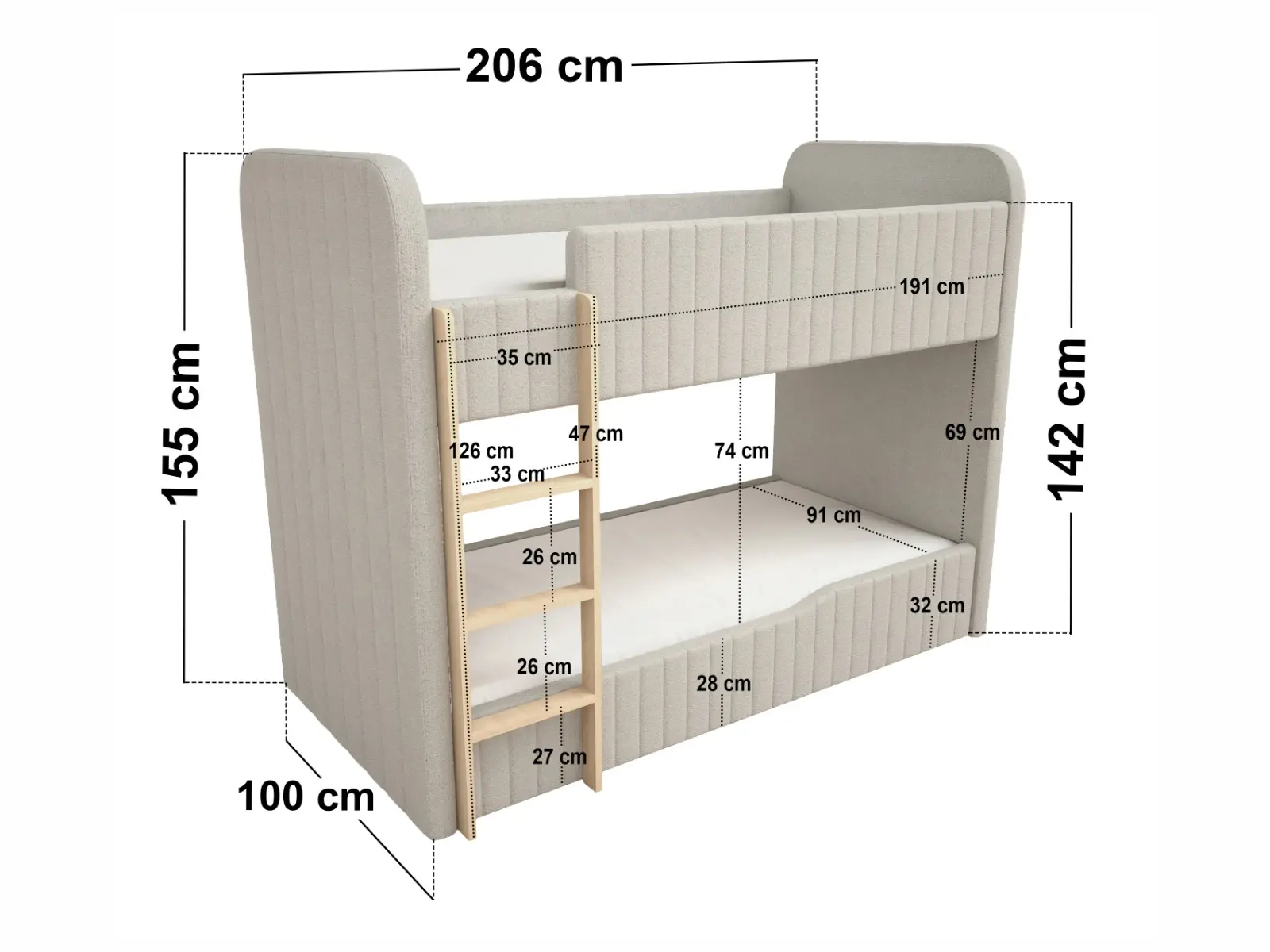 Dimensions diagram for Flair Venna Panelled Upholstered Bunk Bed with Wooden Ladder