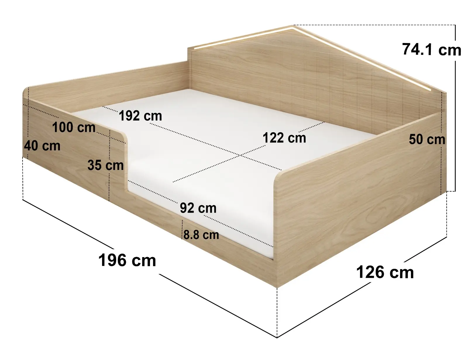 Dimensions diagram for  Flair Wilbur Small Double Montessori Floor Bed with LED Lights