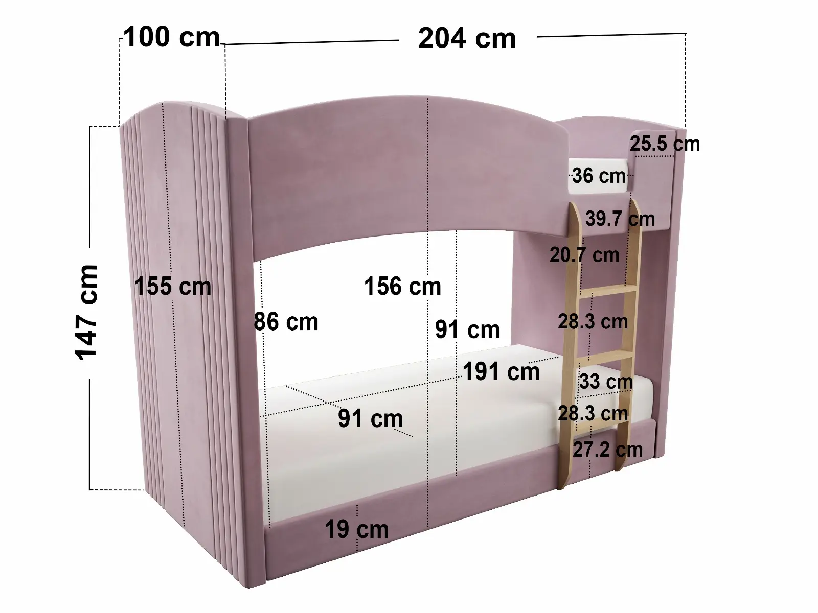 Dimensions diagram for Flair Zoey Upholstered Bunk Bed Pink Velvet