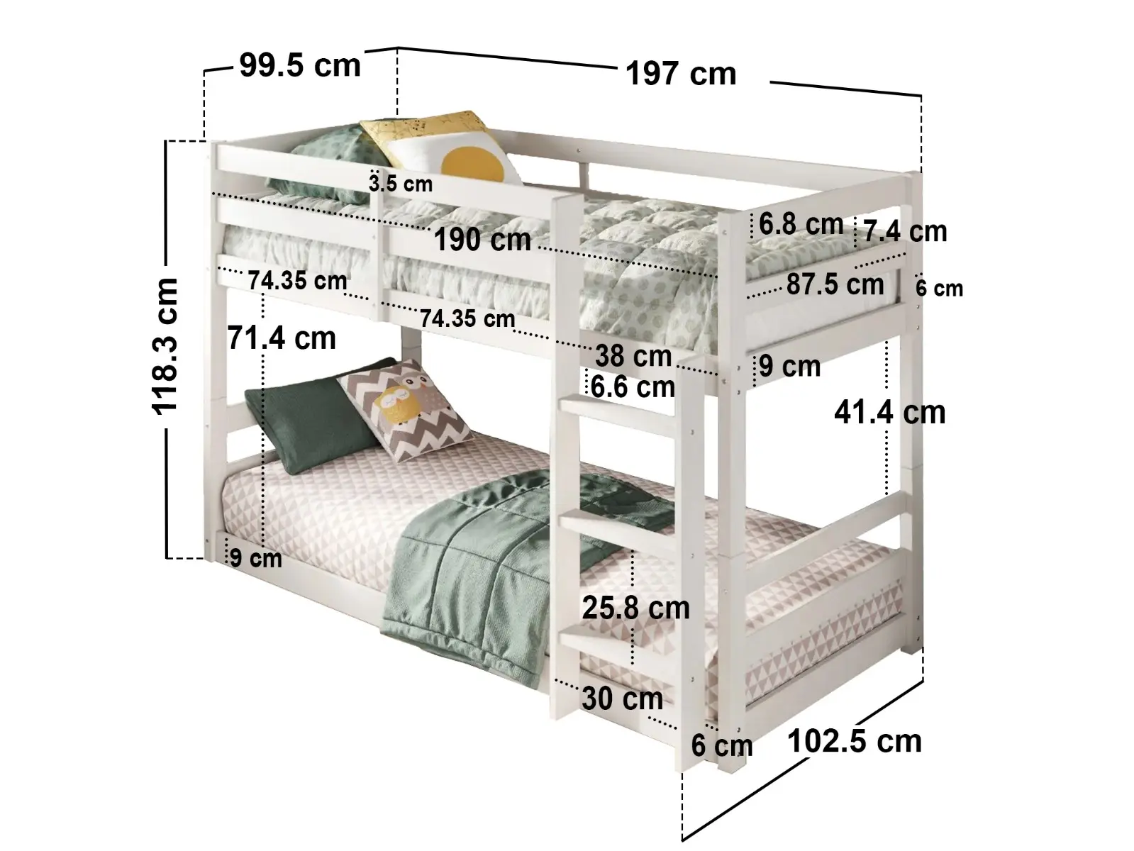 Dimensions diagram for Flair Shasha Low Wooden Detachable Bunk Bed
