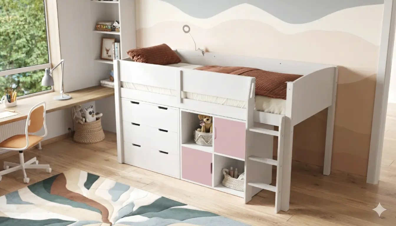 Dimensions diagram for Flair Loop Mid Sleeper Bed Full Storage Set With Doors-2 Pink Doors