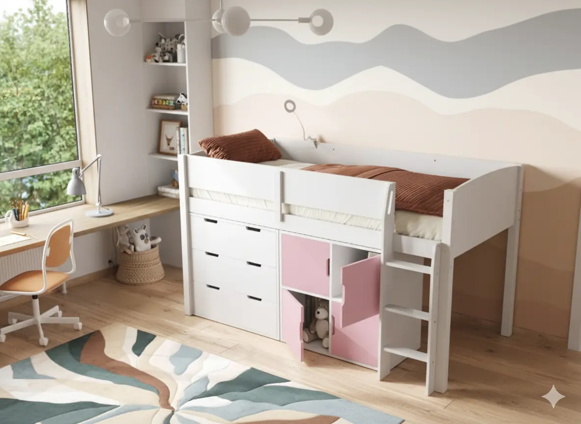Dimensions diagram for Flair Loop Mid Sleeper Bed Full Storage Set With Doors-4 Pink Doors