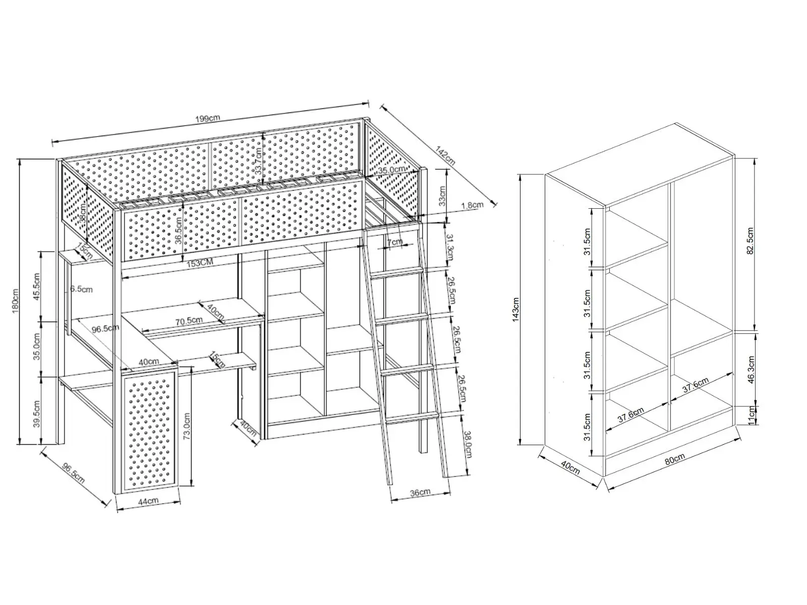 Dimensions diagram for Recoil Graynite Metal Gaming High Sleeper with Shelf and Storage
