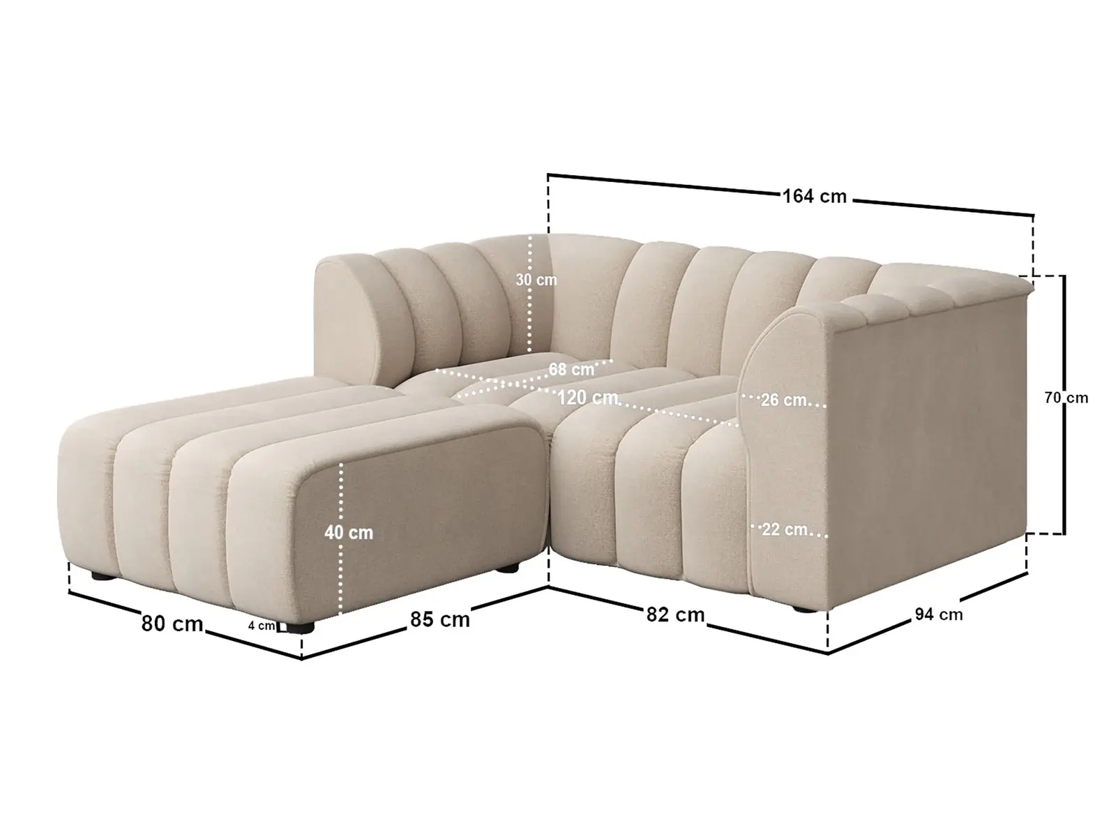 Dimensions diagram for SOLACE+CO Halle Channel Tufted 2 Seater Sofa with Footstool Beige Chenille