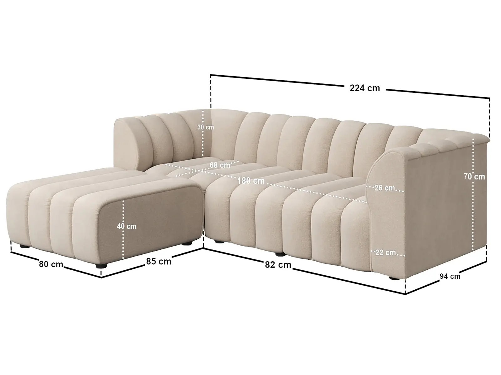 Dimensions diagram for SOLACE+CO Halle Channel Tufted 3 Seater Sofa with Footstool Beige Chenille