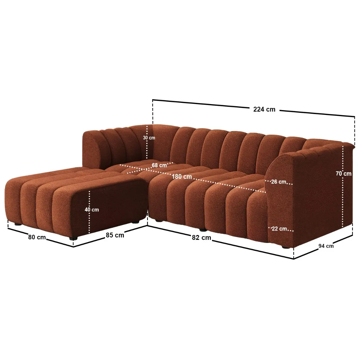 Dimensions diagram for SOLACE+CO Halle Channel Tufted 3 Seater Sofa with Footstool Burnt Orange Chenille
