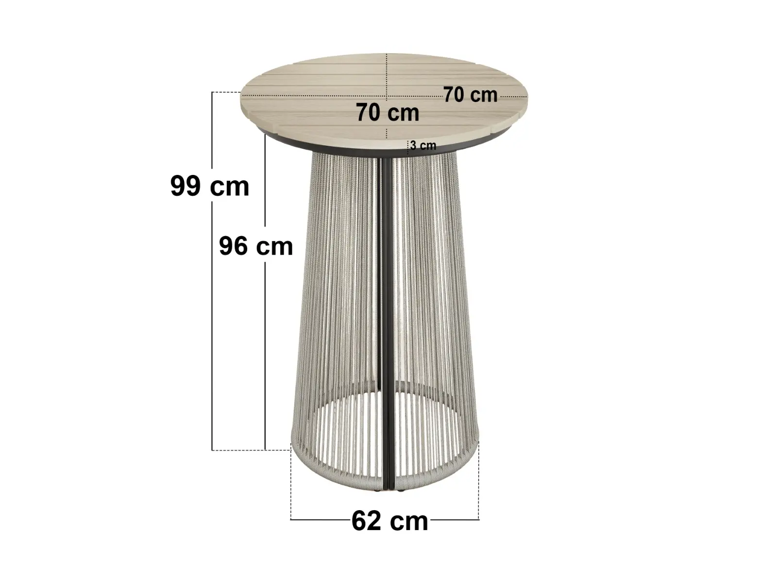Dimensions diagram for SOLACE+CO Hana Round Table & Set of 2 Lita Chairs Garden Bar Set Dark Brown