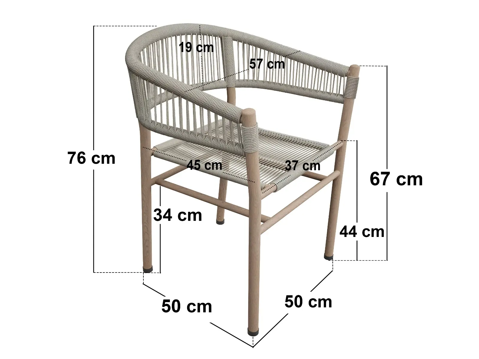 Dimensions diagram for SOLACE+CO Hana Round Table & Set of 4 Lita Chairs Garden Dining Set White & Beige