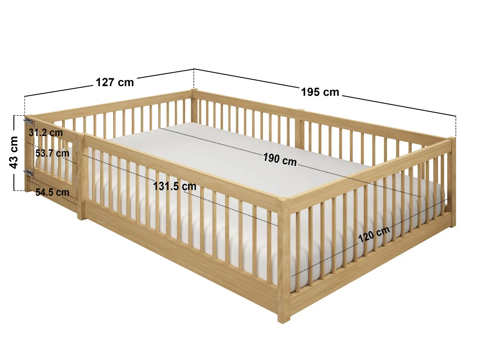 Dimensions diagram for Flair Imogen Montessori Toddler Floor Bed with Safety Fence