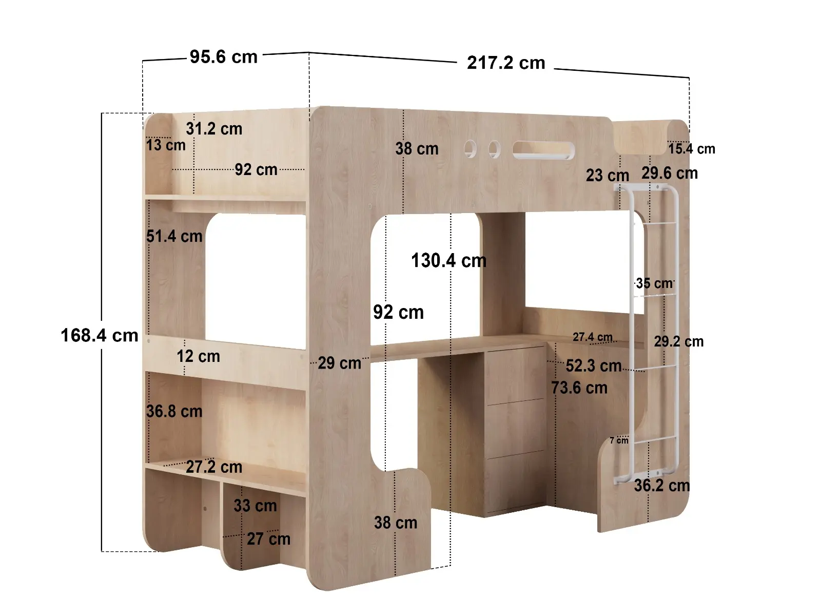Dimensions diagram for Flair Jaxx High Sleeper Bed with Desk & Storage Oak