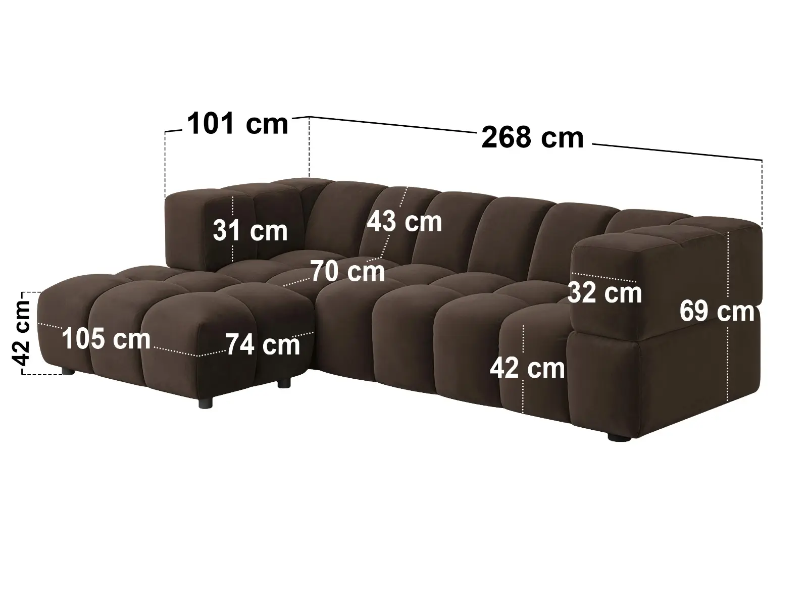 Dimensions diagram for SOLACE+CO Jenson 4 Seater Cloud Bubble Sofa with Footstool 