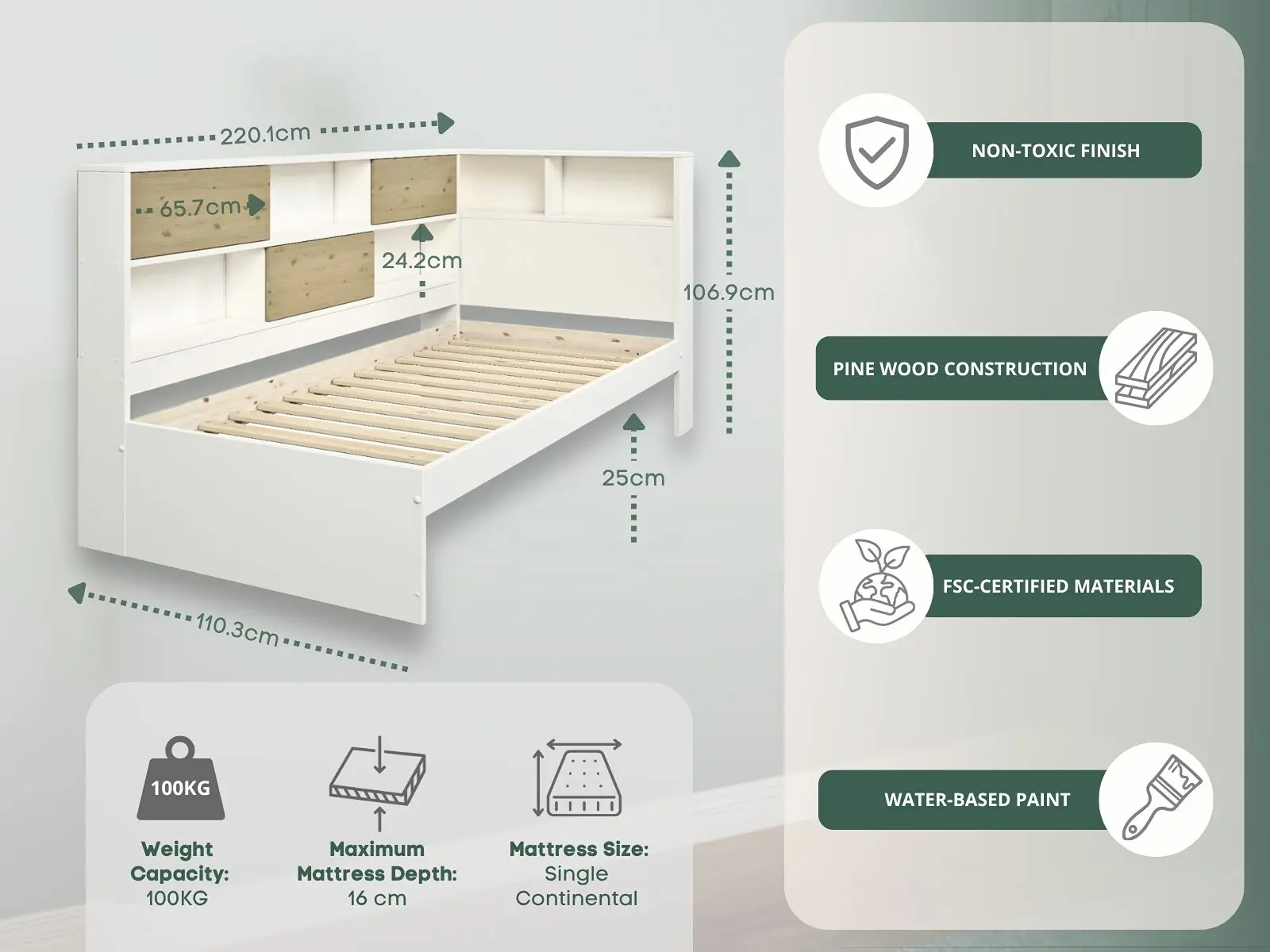Dimensions diagram for Noomi Jorgi Corner Storage Bed White & Oak (FSC-Certified)