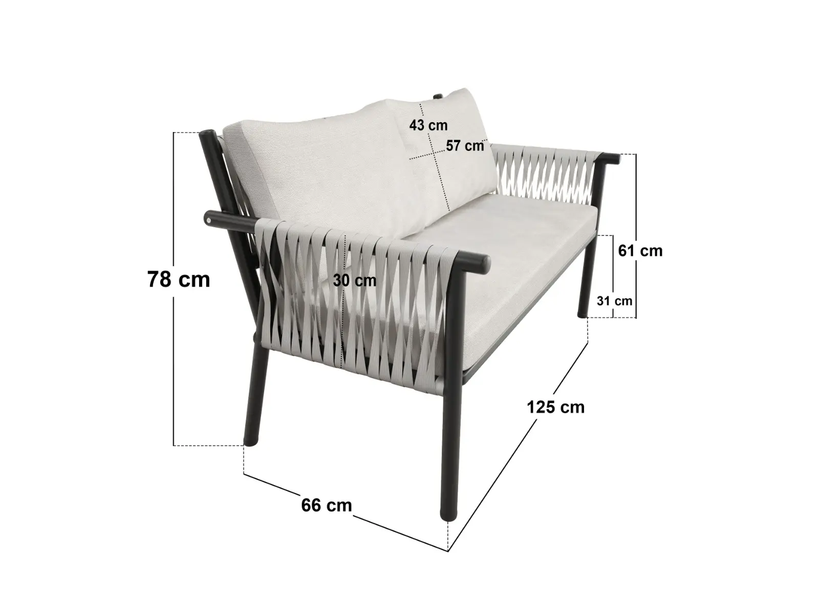Dimensions diagram for SOLACE+CO Kalina 4 Piece Garden Sofa Set with Coffee Table Brown
