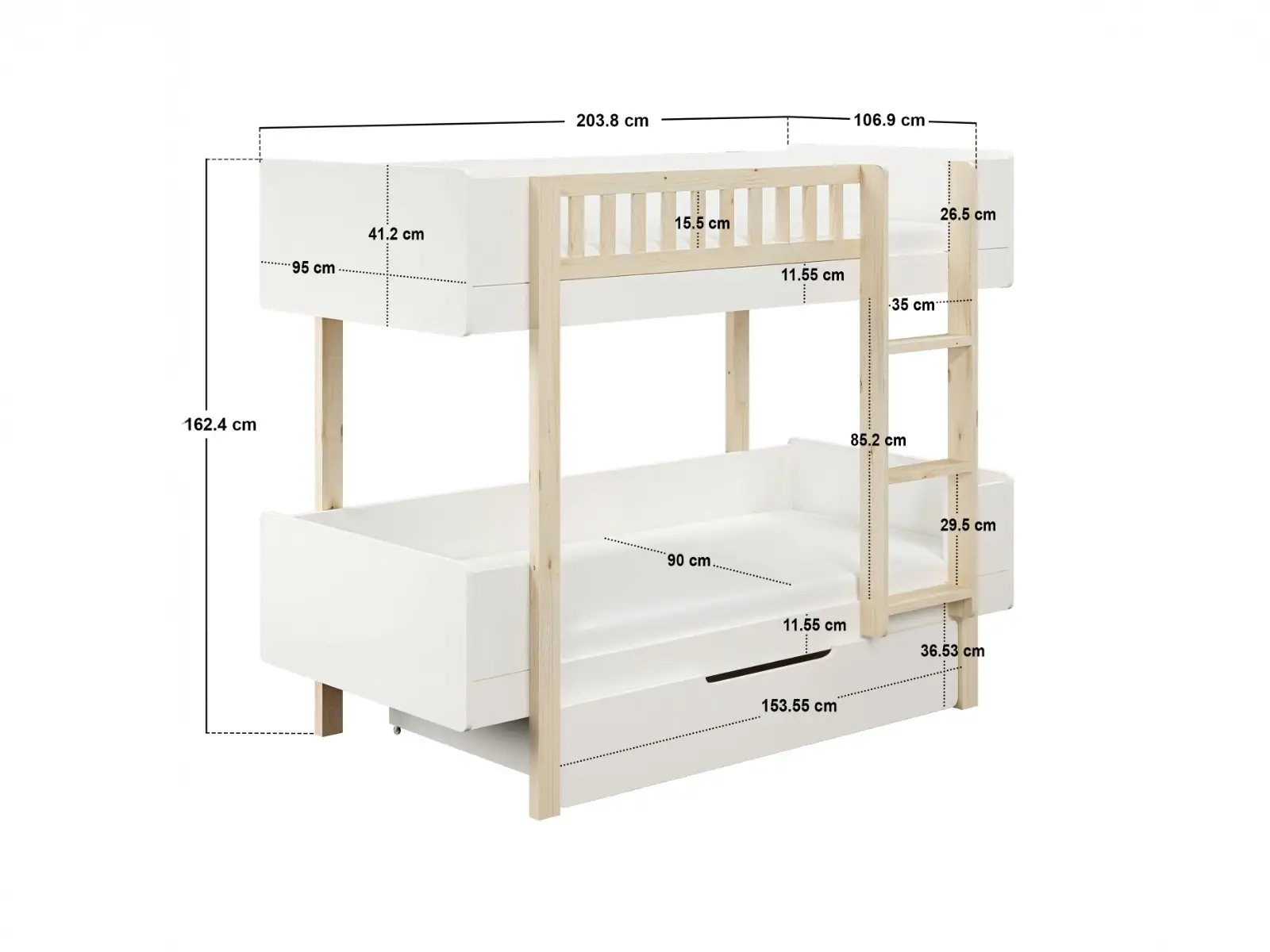 Dimensions diagram for Noomi Kayla Bunk Bed with Storage White (FSC-Certified)