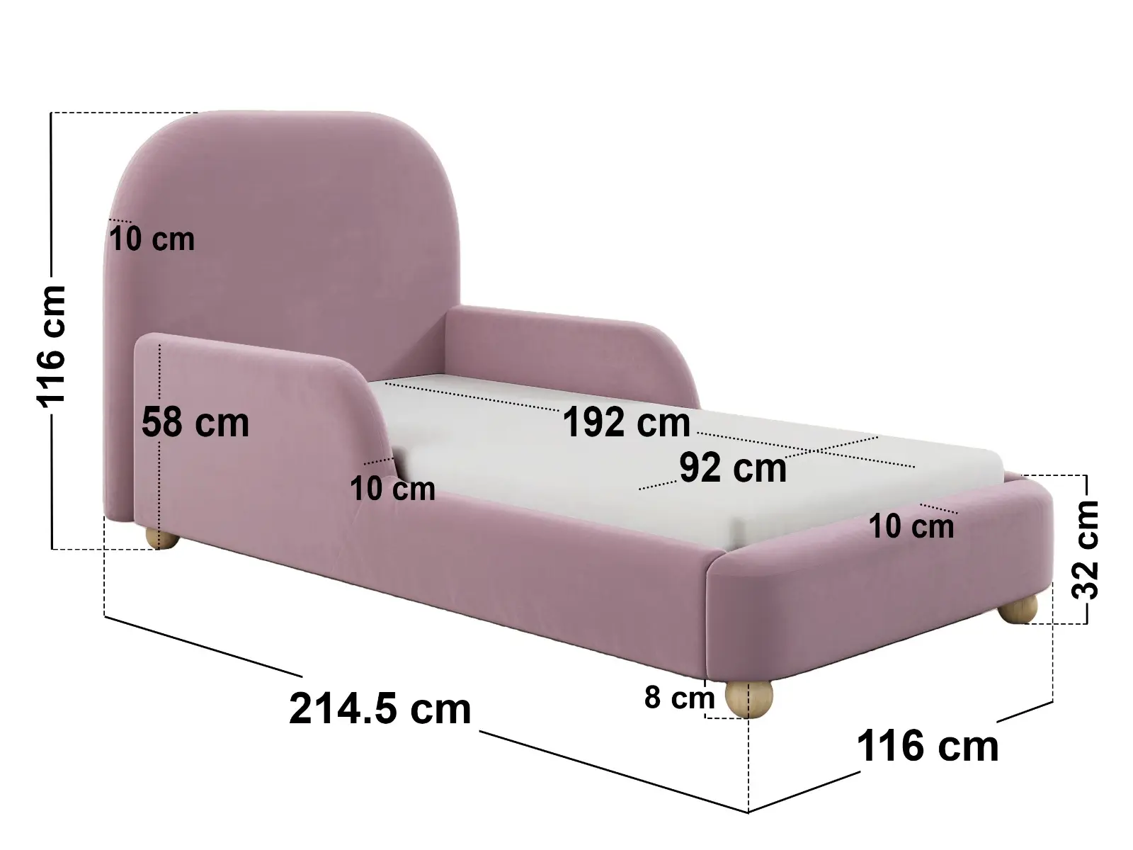 Dimensions diagram for Flair Kira Upholstered Single Bed with Side Rails Pink Velvet