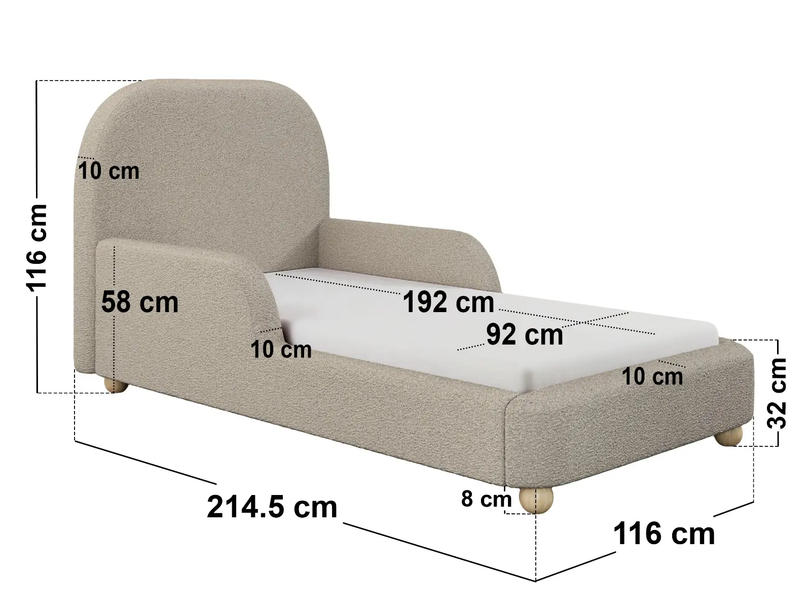 Dimensions diagram for Flair Kira Upholstered Single Bed with Side Rails