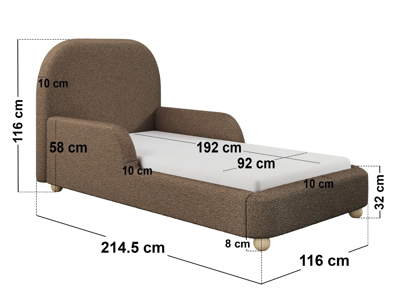 Dimensions diagram for Flair Kira Upholstered Single Bed with Side Rails Brown Boucle