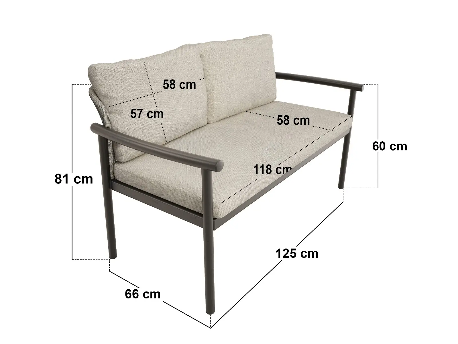 Dimensions diagram for SOLACE+CO Kyla 4 Piece Garden Sofa Set with Coffee Table Grey & Dark Brown