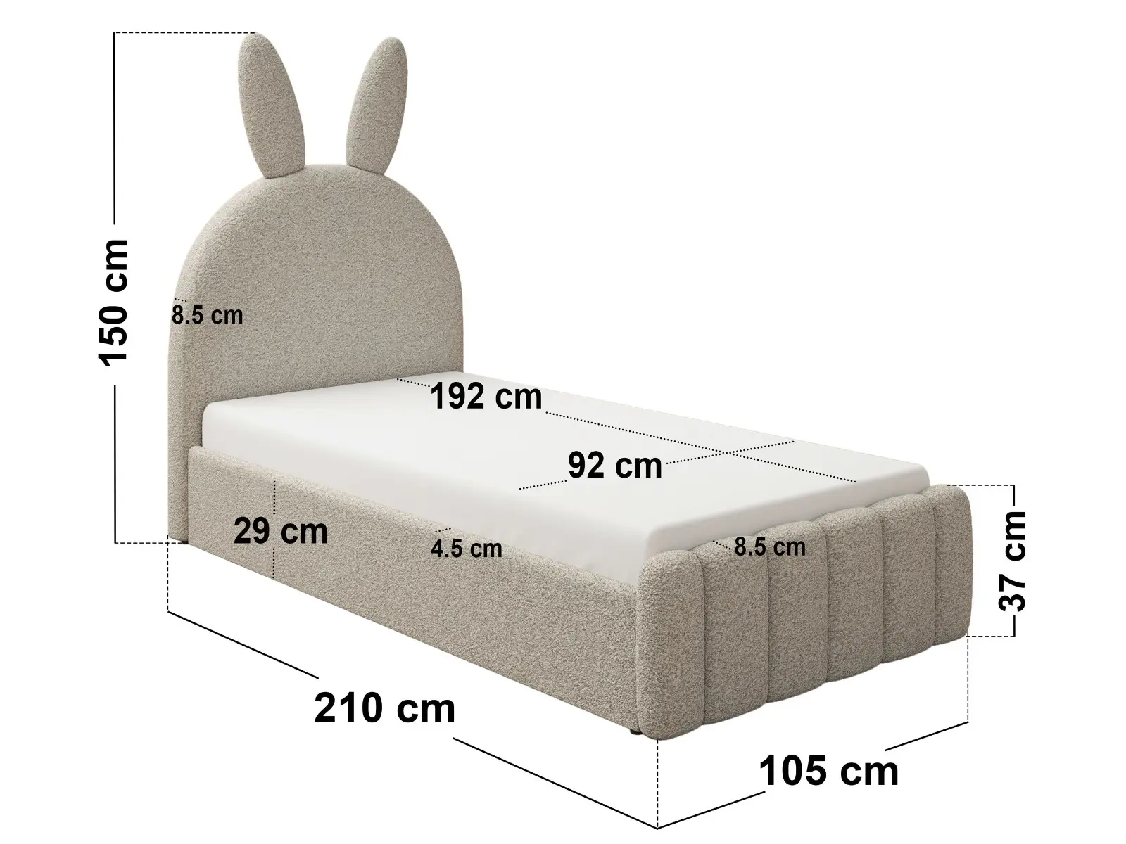 Dimensions diagram for Flair Lapin Single Bed with Bunny Headboard and Drawer