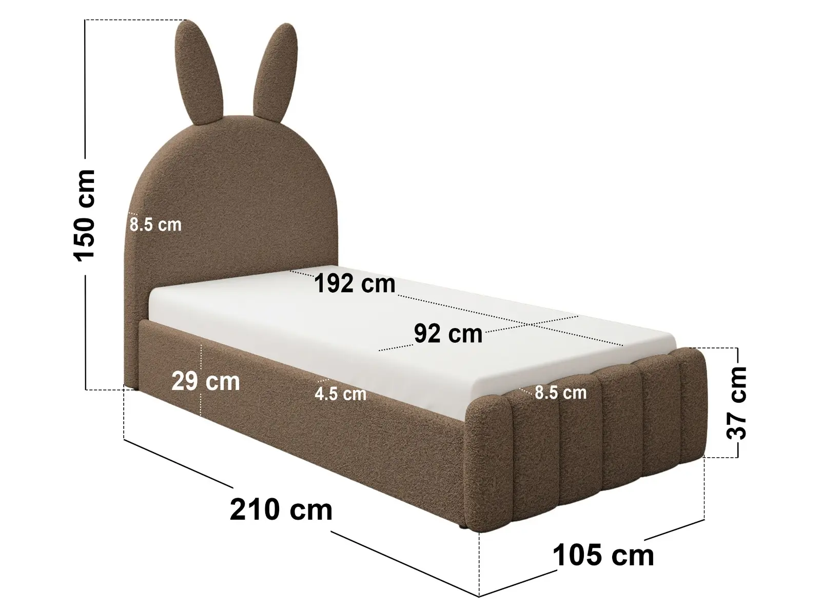 Dimensions diagram for Flair Lapin Single Bed with Bunny Headboard and Drawer Brown Boucle
