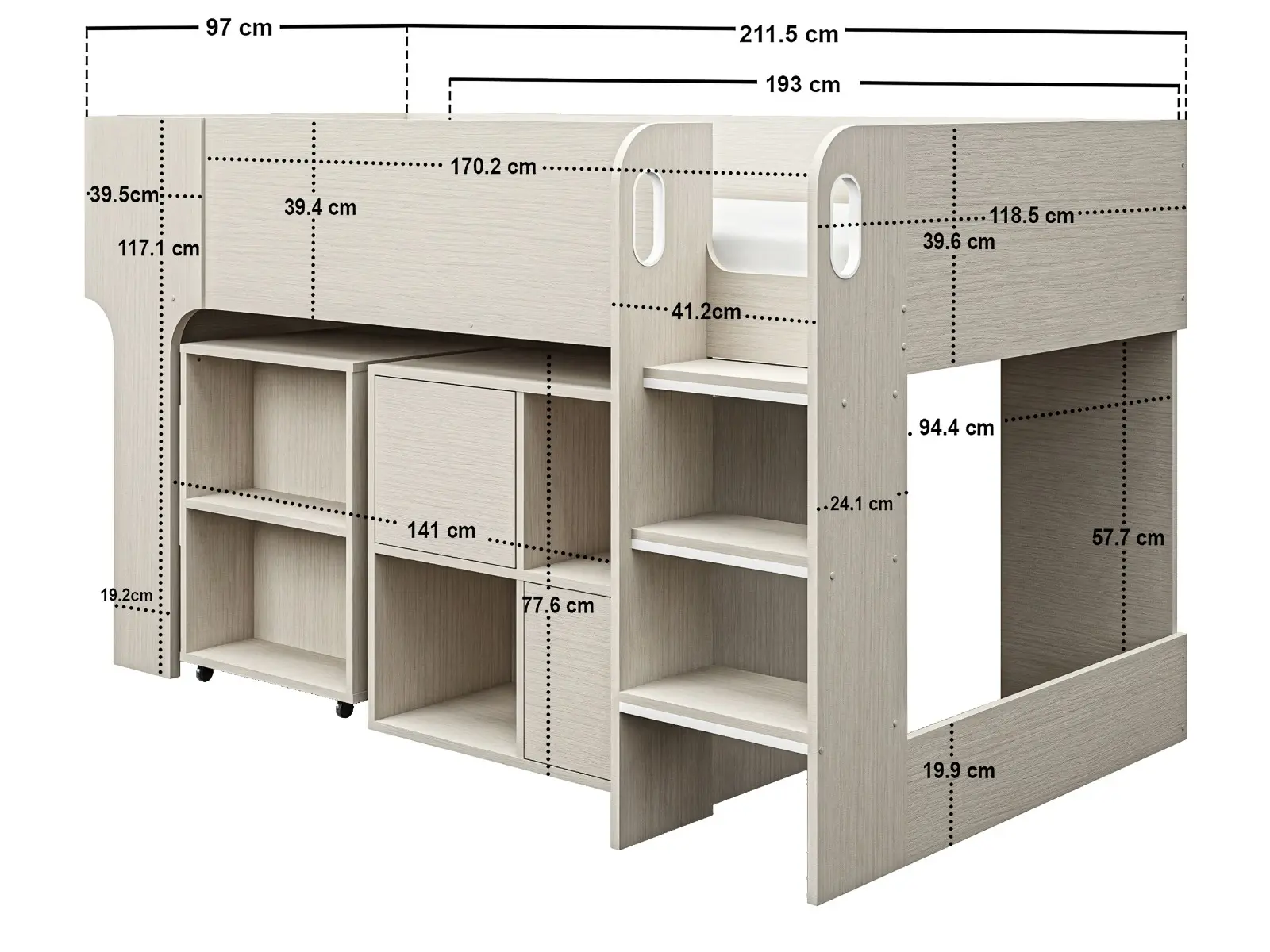 Dimensions diagram for Flair Leo Mid Sleeper with Desk & Storage White Oak