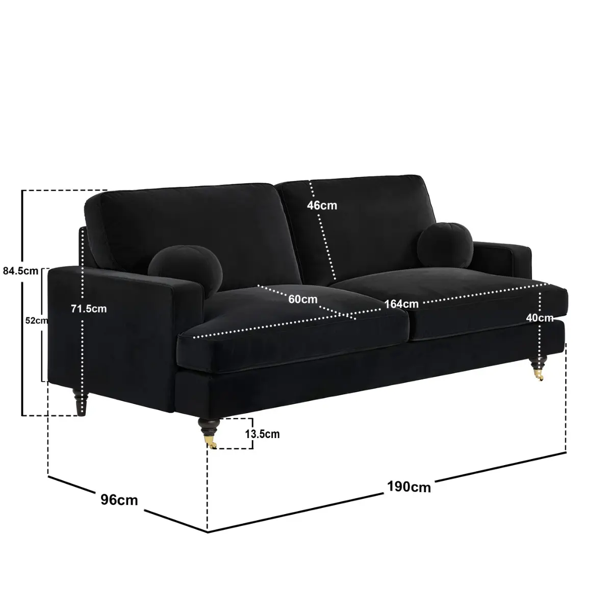 Dimensions diagram for SOLACE+CO Addison 3 Sofa Black Velvet