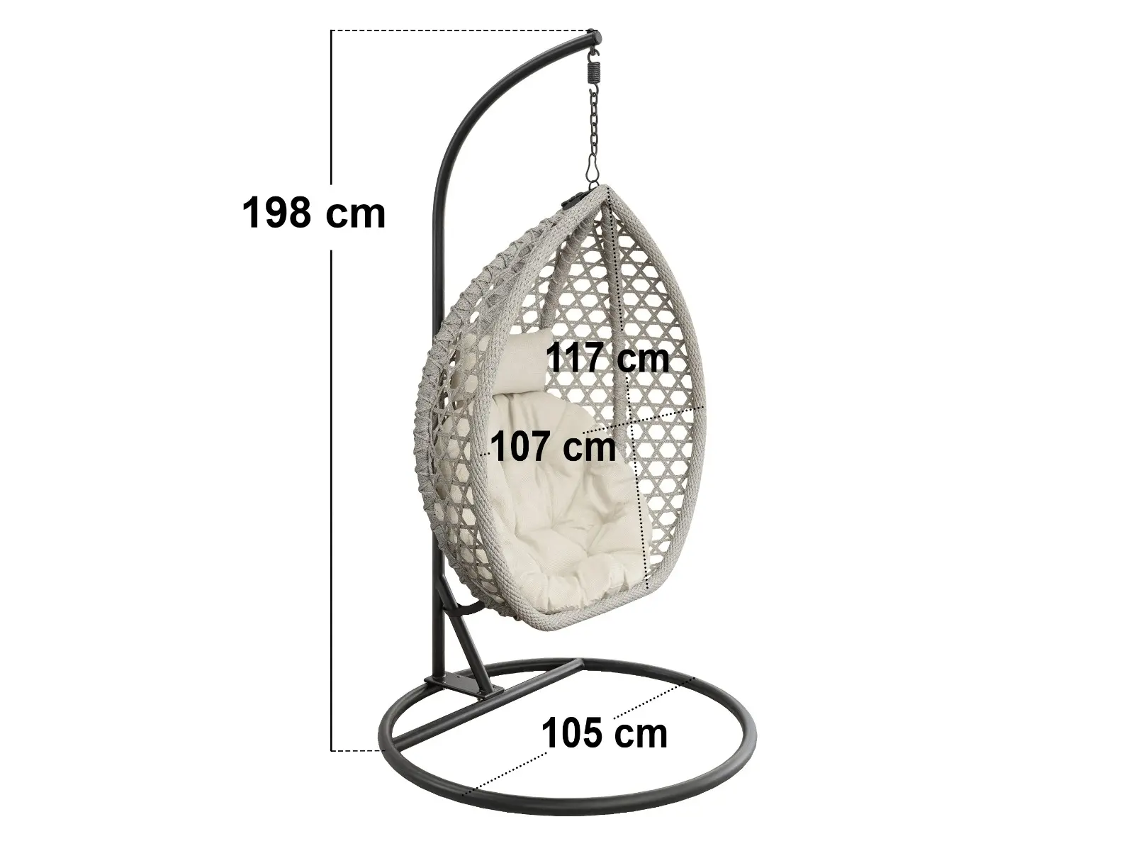 Dimensions diagram for SOLACE+CO Lola Garden Egg Chair Grey Rattan