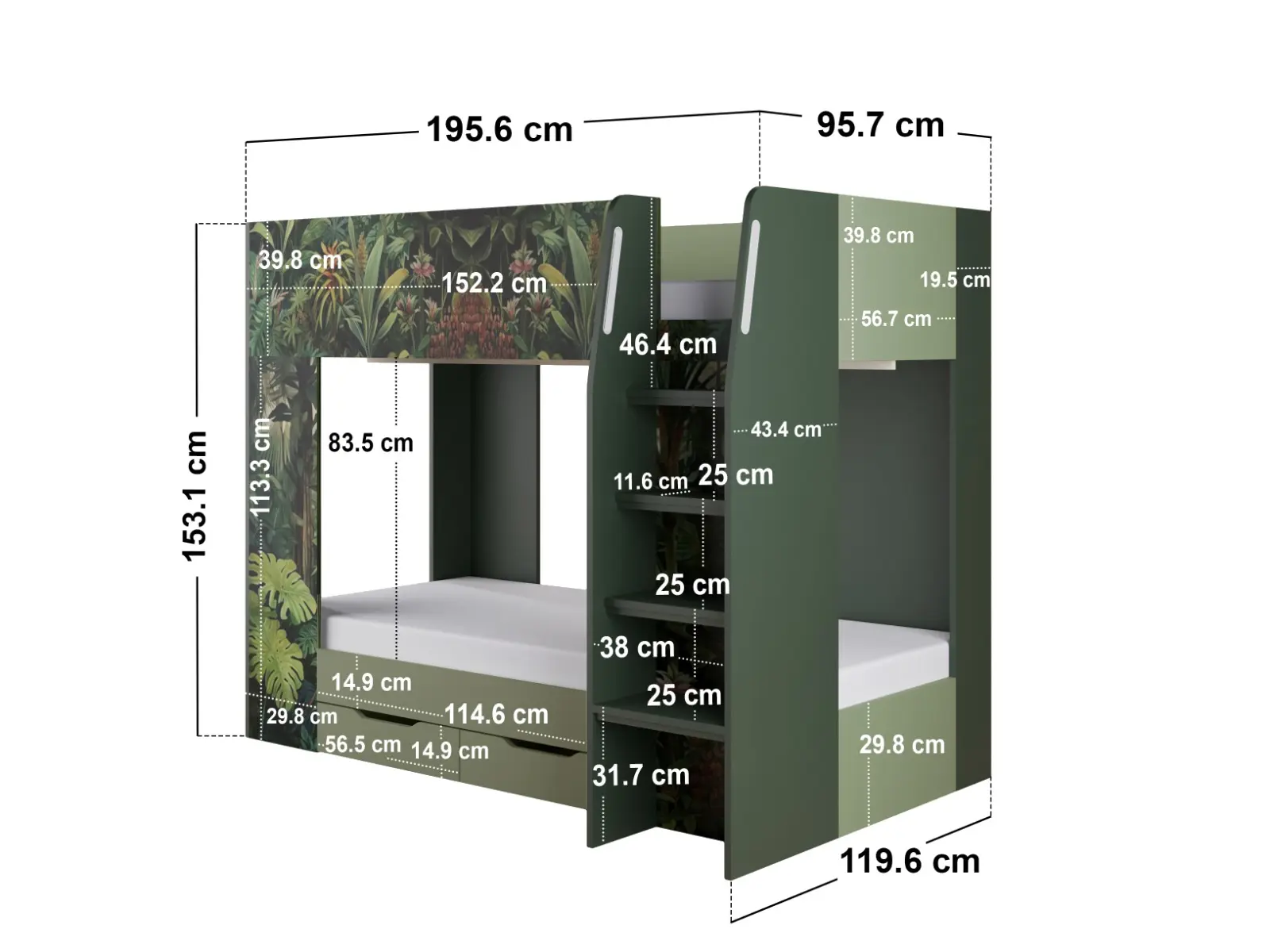 Dimensions diagram for Flair Lorith Jungle Bunk Bed with Drawers Green 