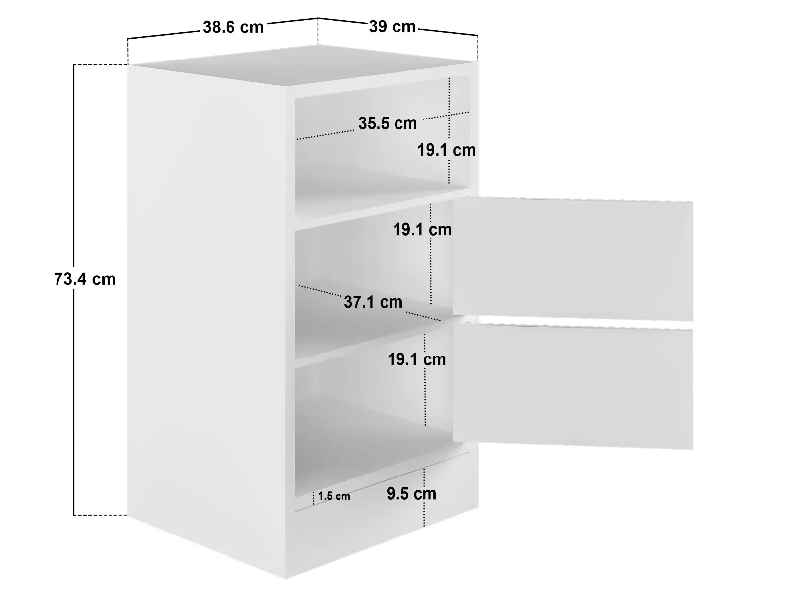Dimensions diagram for Flair Luca 3 Tier Storage Unit with Ribbed Doors White