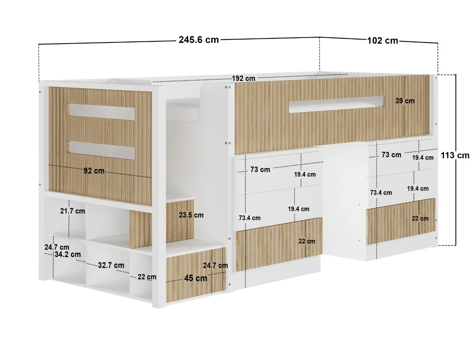 Dimensions diagram for Flair Luca Mid Sleeper with 3 Drawers Chest Pair White & Oak Ribbed