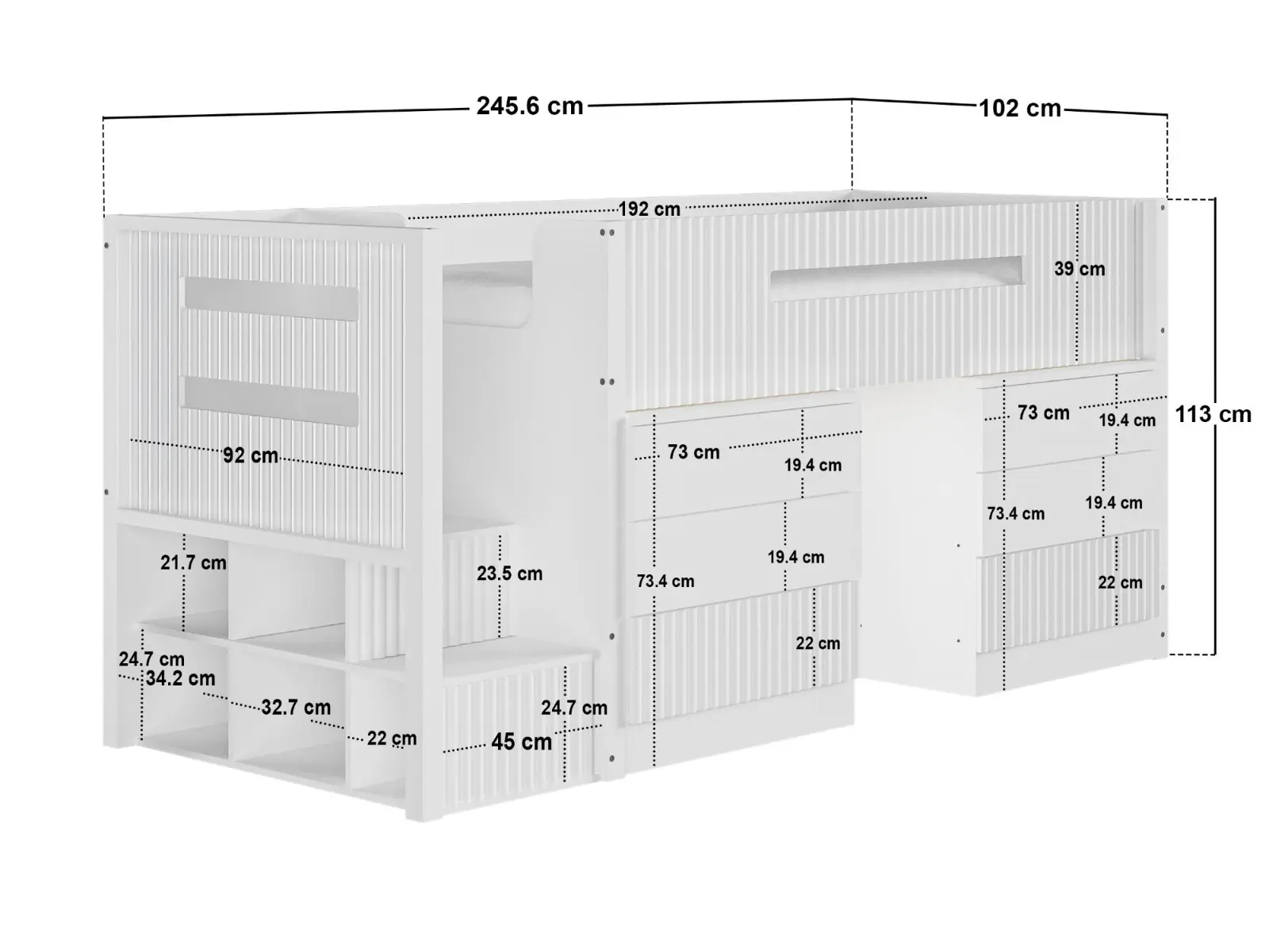 Dimensions diagram for Flair Luca Mid Sleeper with 3 Drawers Chest Pair White Ribbed