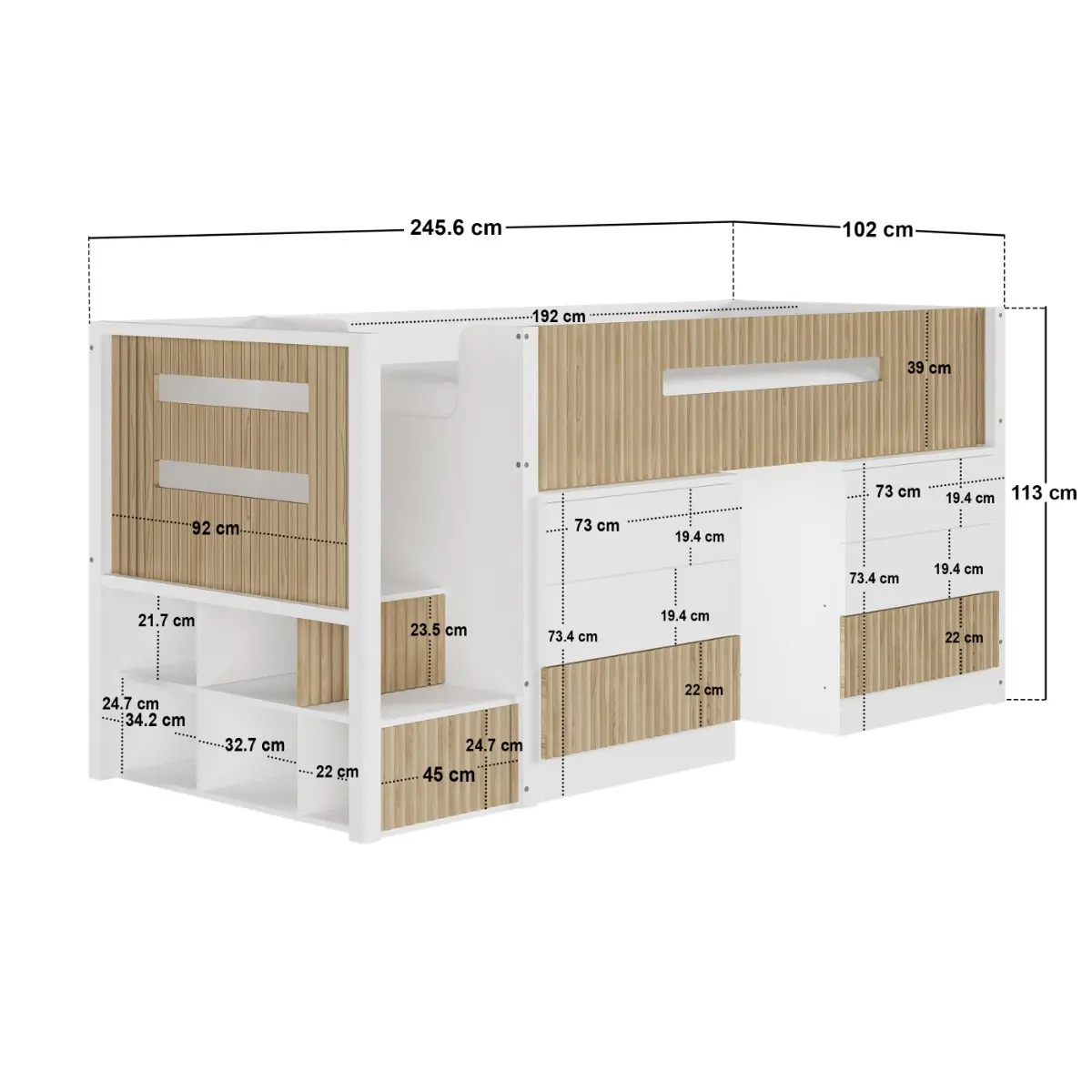 Dimensions diagram for Flair Luca Mid Sleeper Ribbed Storage Bed White & Oak