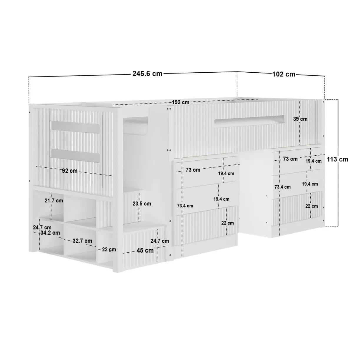 Dimensions diagram for Flair Luca Mid Sleeper Ribbed Storage Bed White