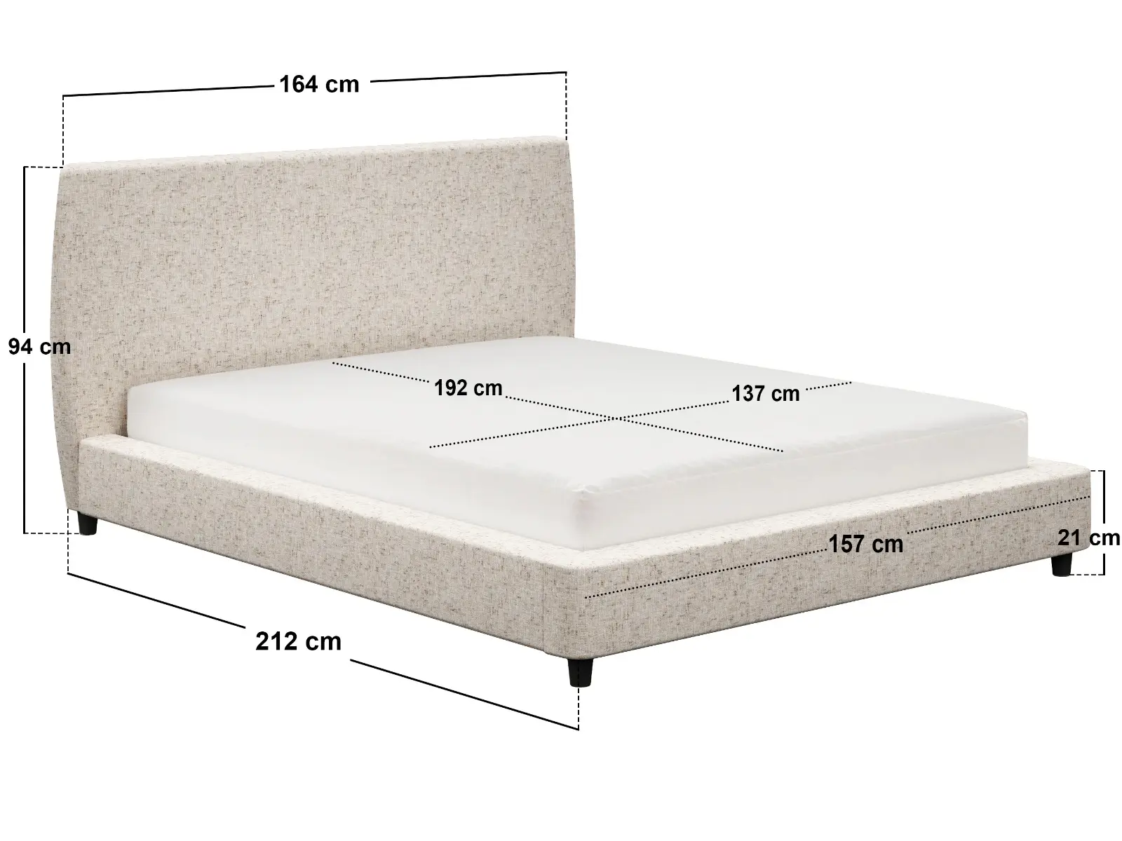 Dimensions diagram for SOLACE+CO Luciana Upholstered Platform Bed Frame Cream Chenille Double