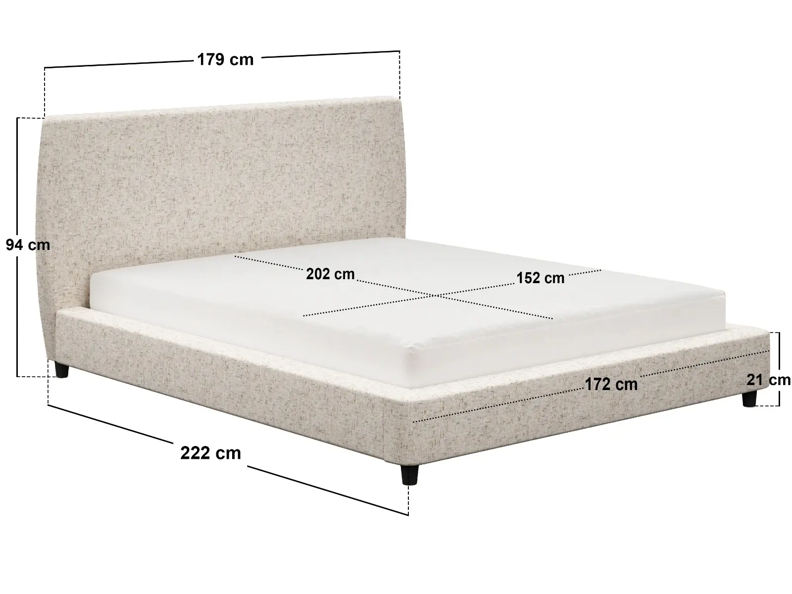 Dimensions diagram for SOLACE+CO Luciana Upholstered Platform Bed Frame Cream Chenille Kingsize