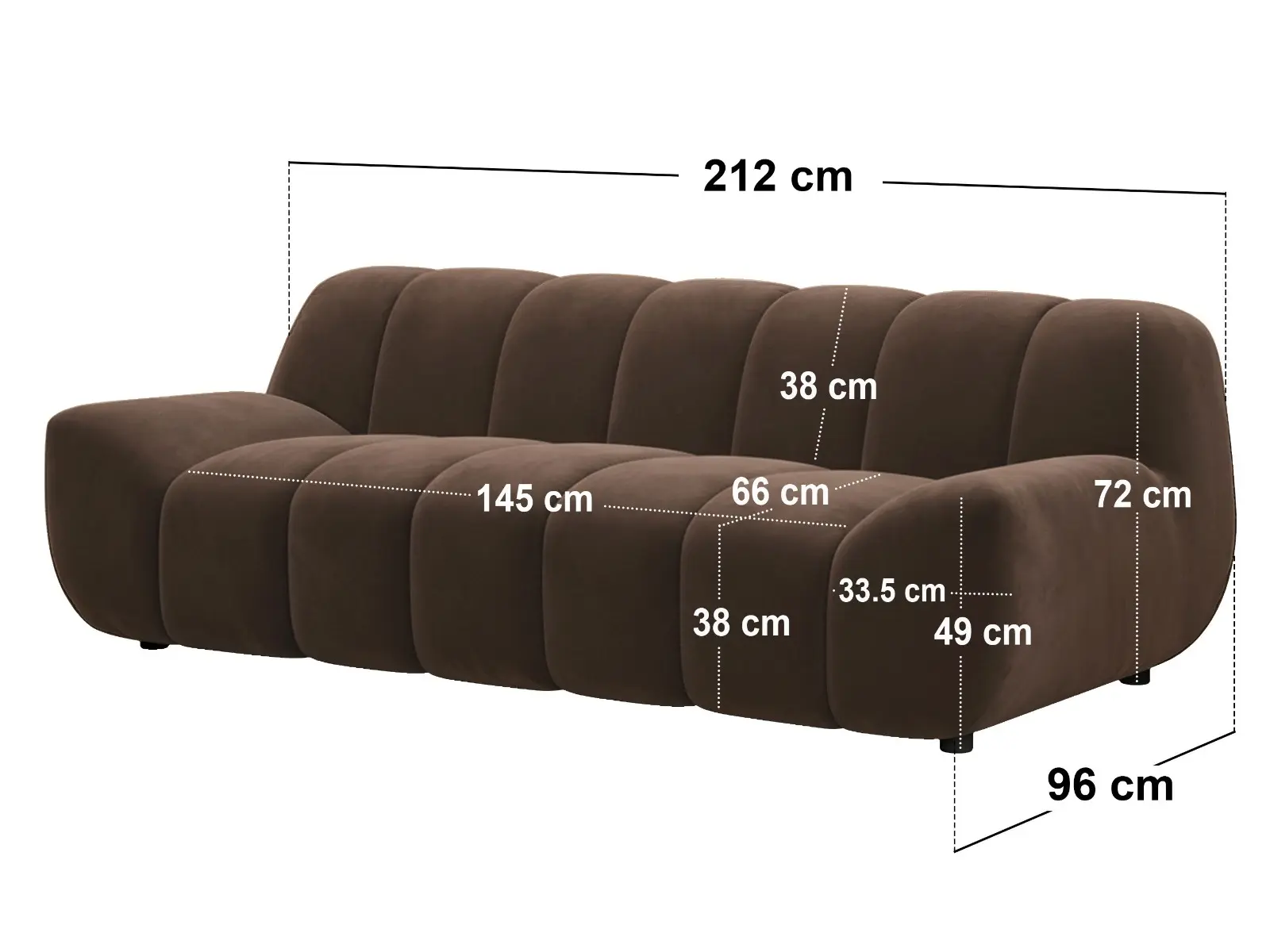 Dimensions diagram for SOLACE+CO Macy Large 3 Seater Sofa Brown Velvet