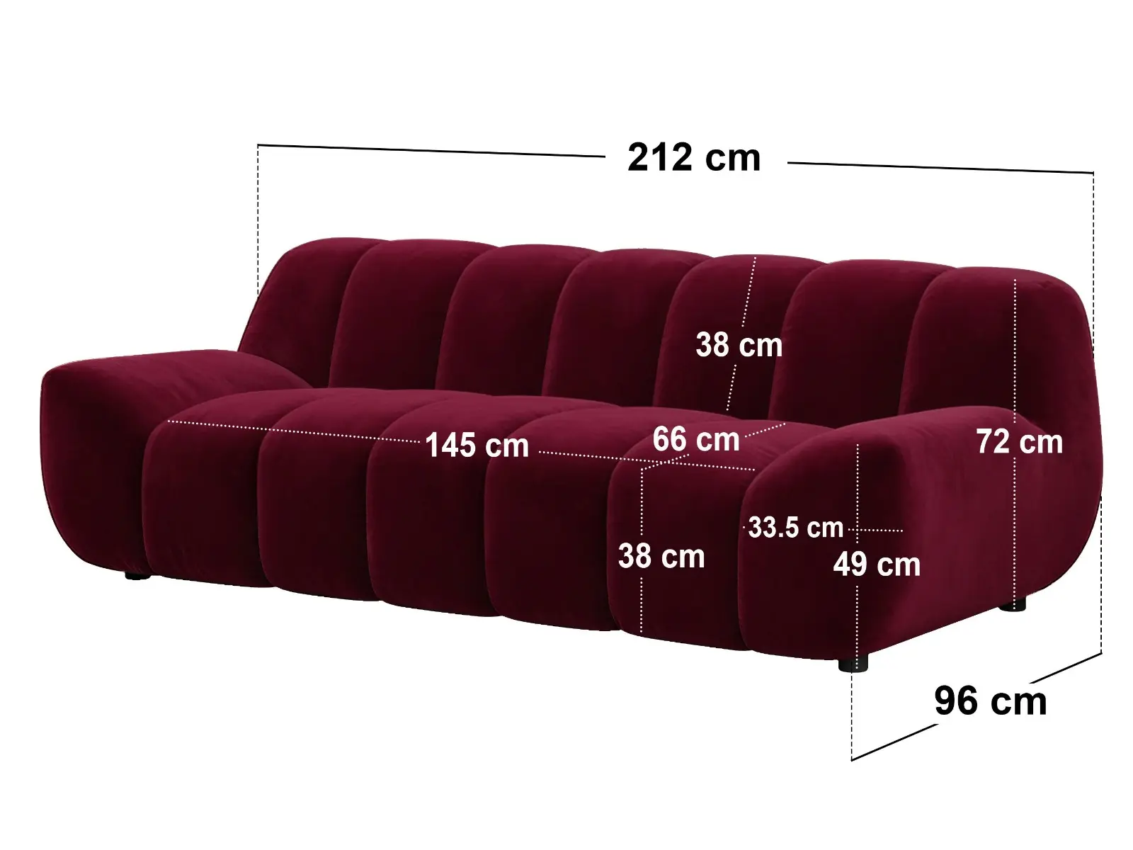 Dimensions diagram for SOLACE+CO Macy Large 3 Seater Sofa Burgundy Velvet
