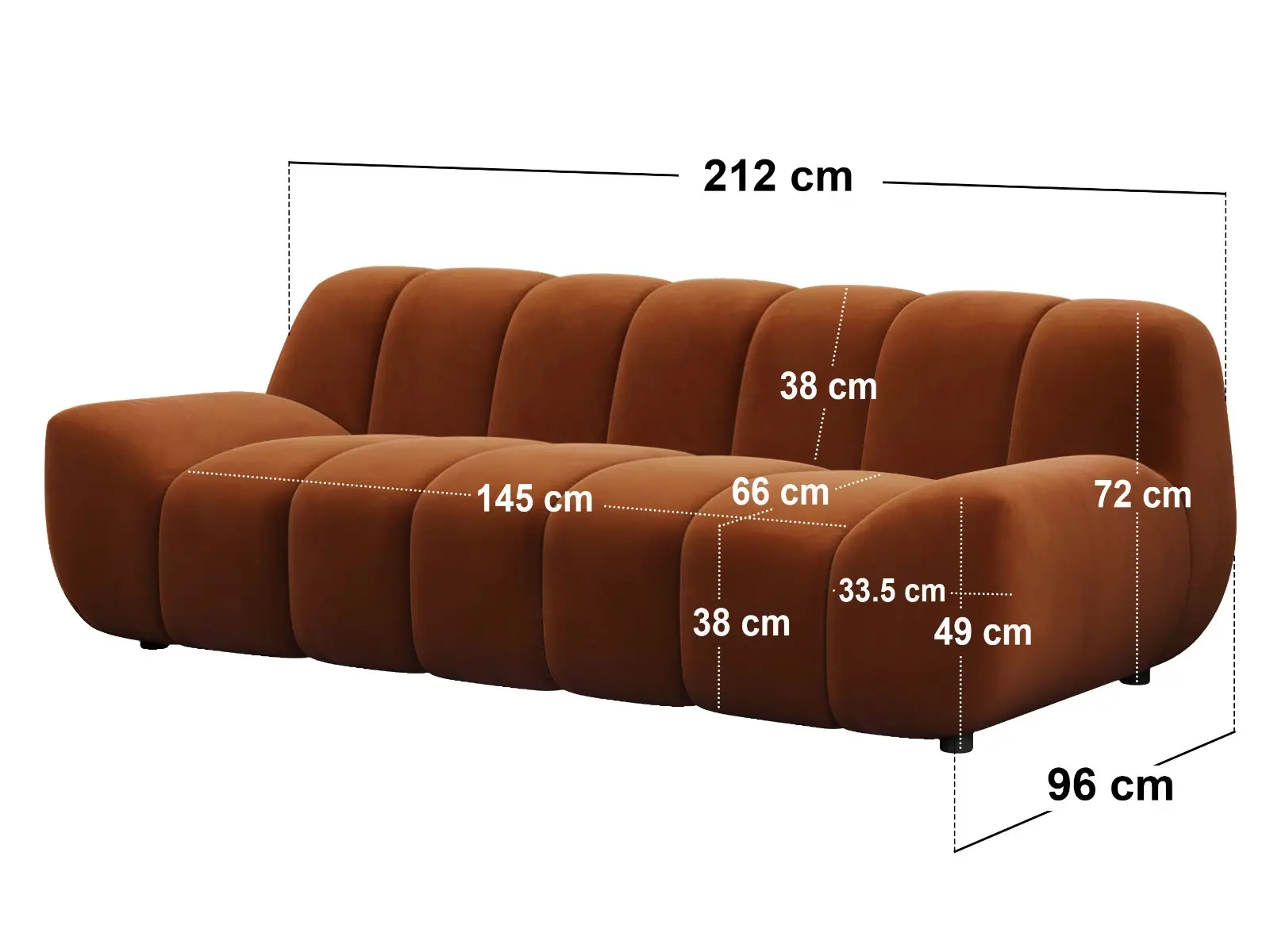 Dimensions diagram for SOLACE+CO Macy Large 3 Seater Velvet Sofa