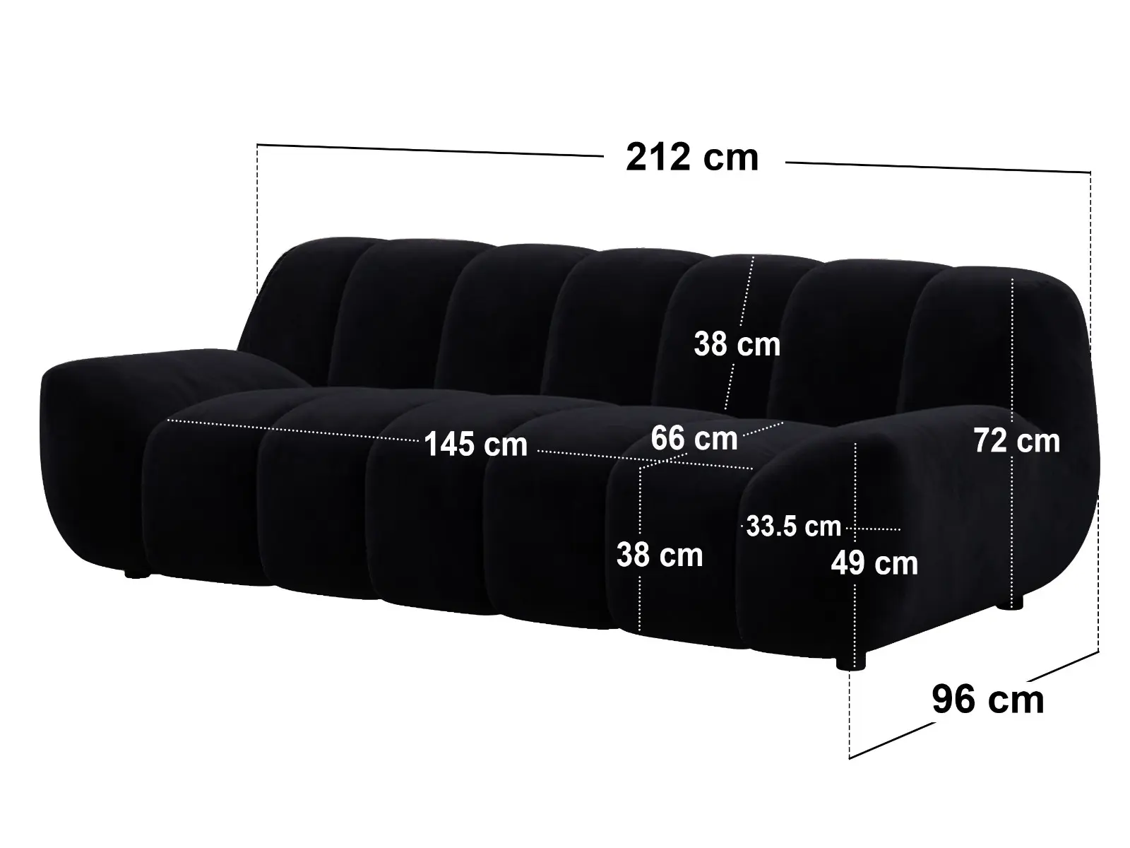 Dimensions diagram for SOLACE+CO Macy Large 3 Seater Sofa Black Velvet
