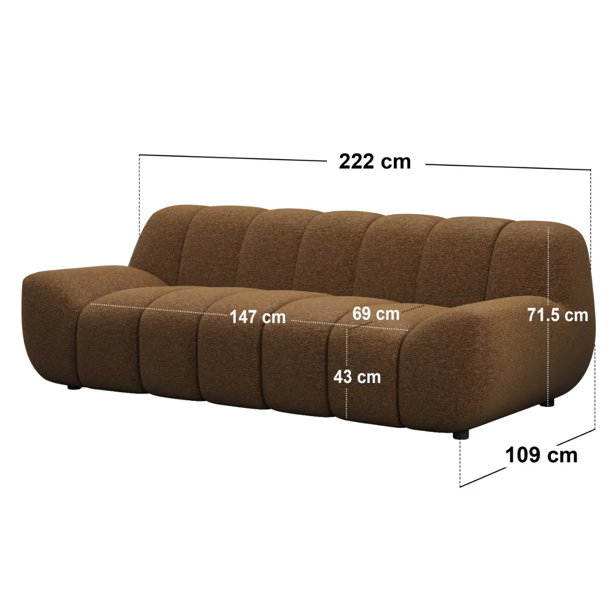 Dimensions diagram for SOLACE+CO Macy Large 3 Seater Sofa Chenille Brown