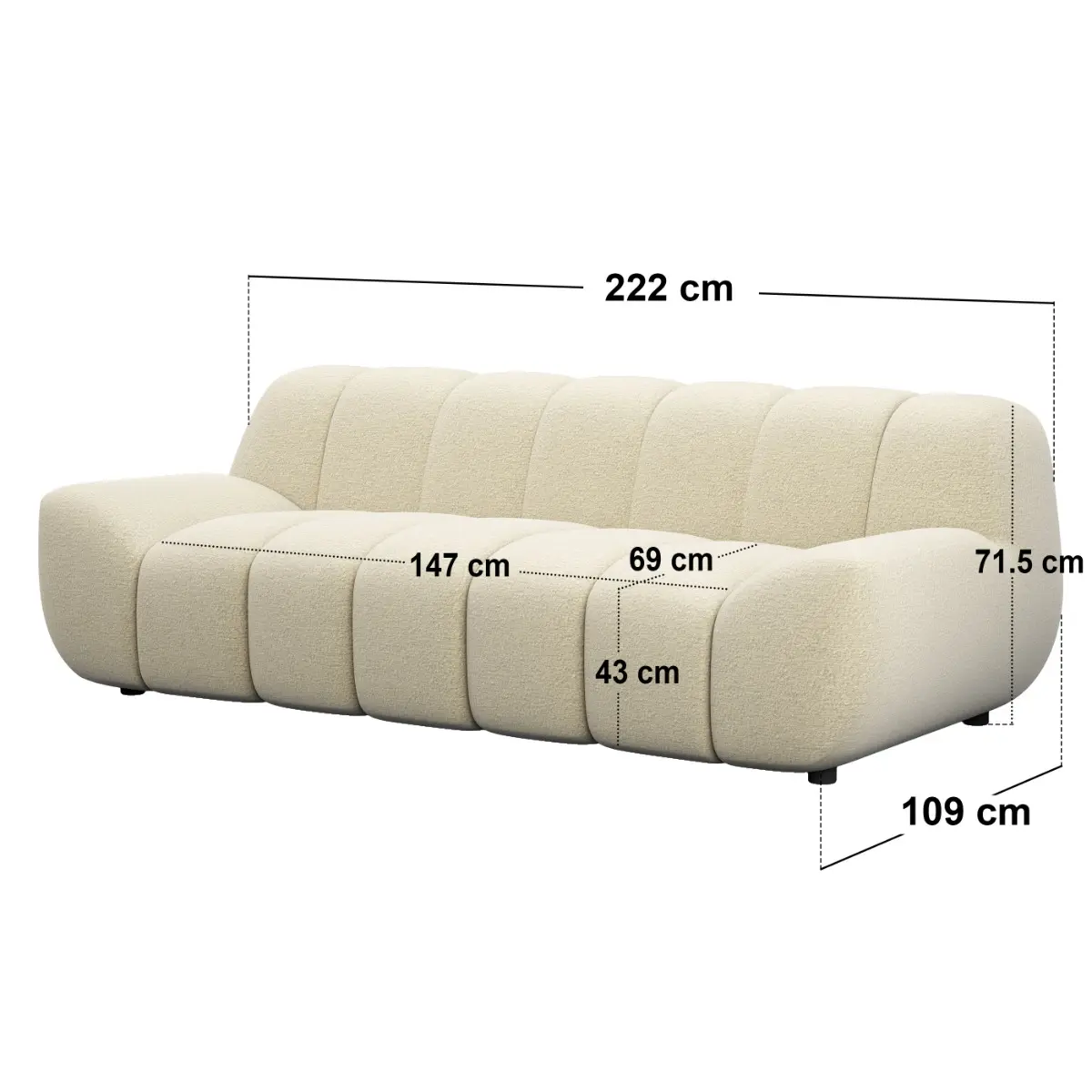 Dimensions diagram for SOLACE+CO Macy Large 3 Seater Sofa Chenille Cream